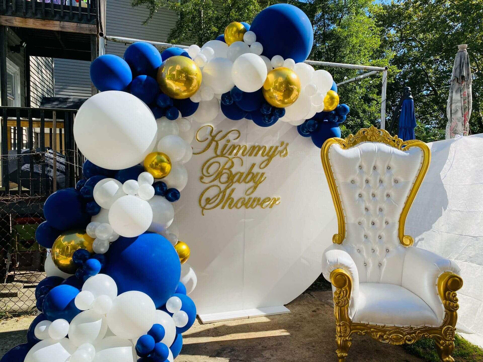 Navy, White andGold Balloon Arch with Custom Acrylic Wall for Outdoor Baby Shower