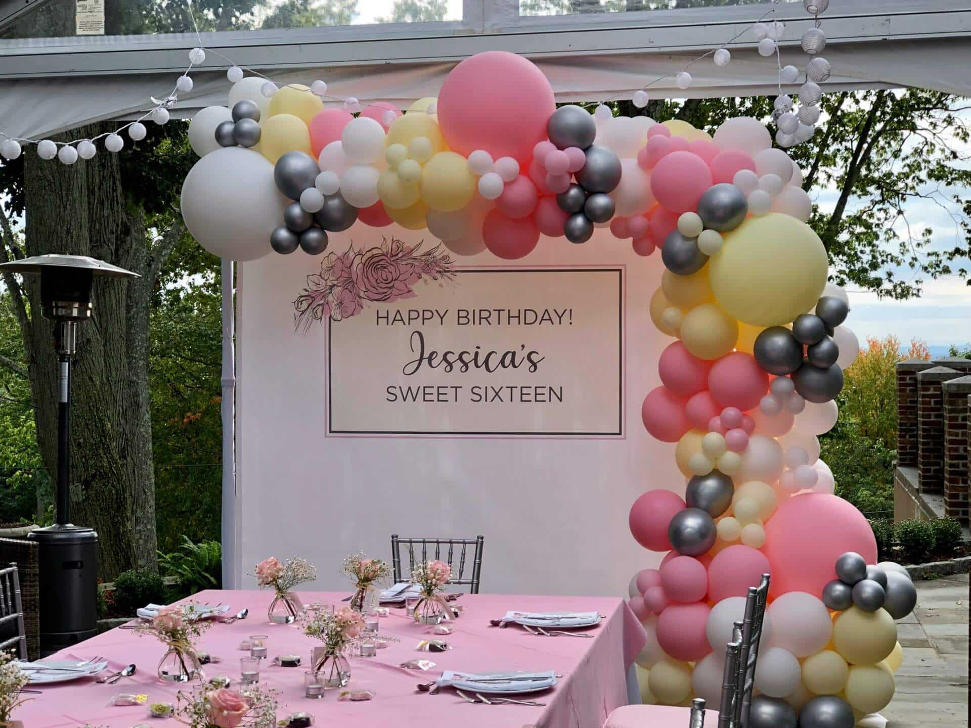 Sweet Sixteen Organic Balloon Arch with Custom Vinyl Logo Backdrop