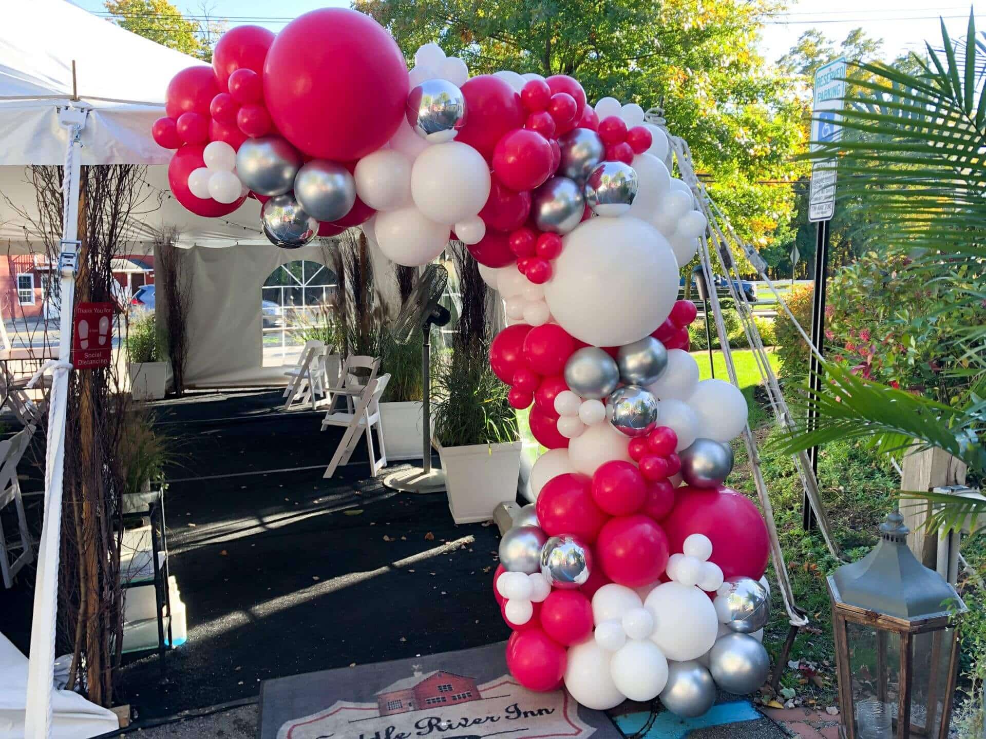 Hot Pink and White Balloon Garland for Outdoor Tent Bat Mitzvah