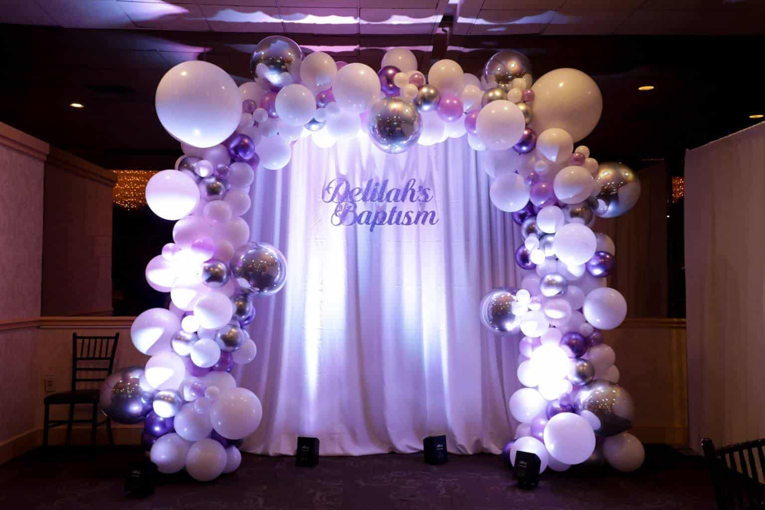 Lavender and Silver Organic Balloon Arch with Custom LED Backdrop for Baptism