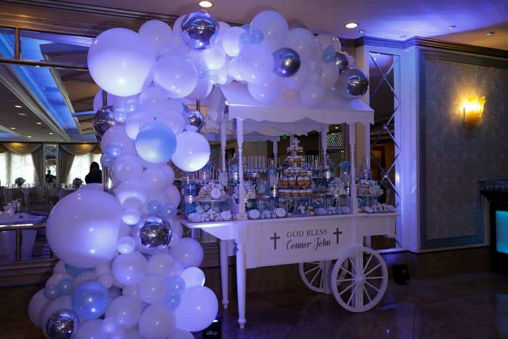 Pale Blue and White Organic Balloon Arch with Silver Orbz Accents for Christening