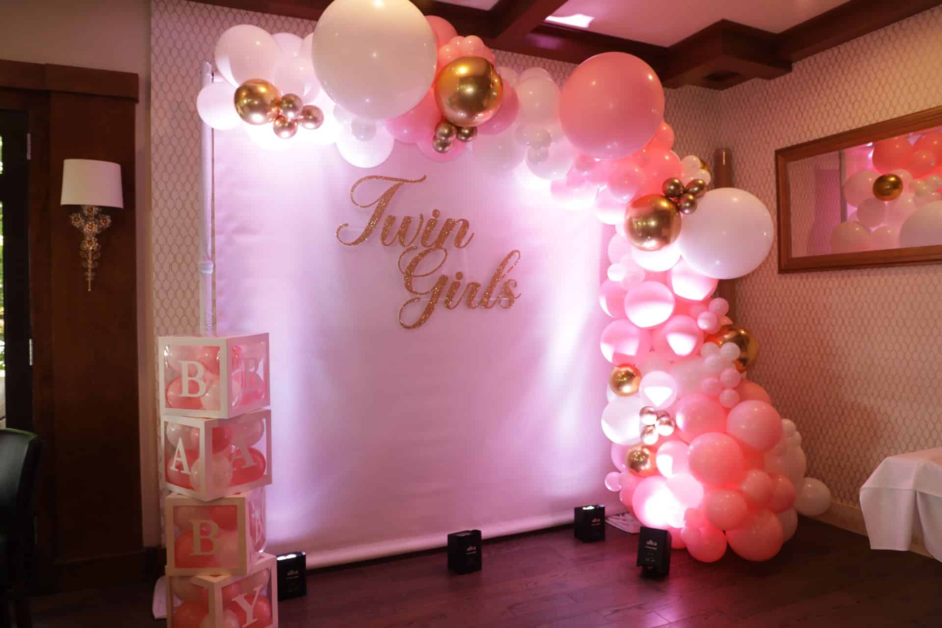 Pink and white Balloon Garland Backdrop with Baby Blocks for Twin Girls Baby Shower