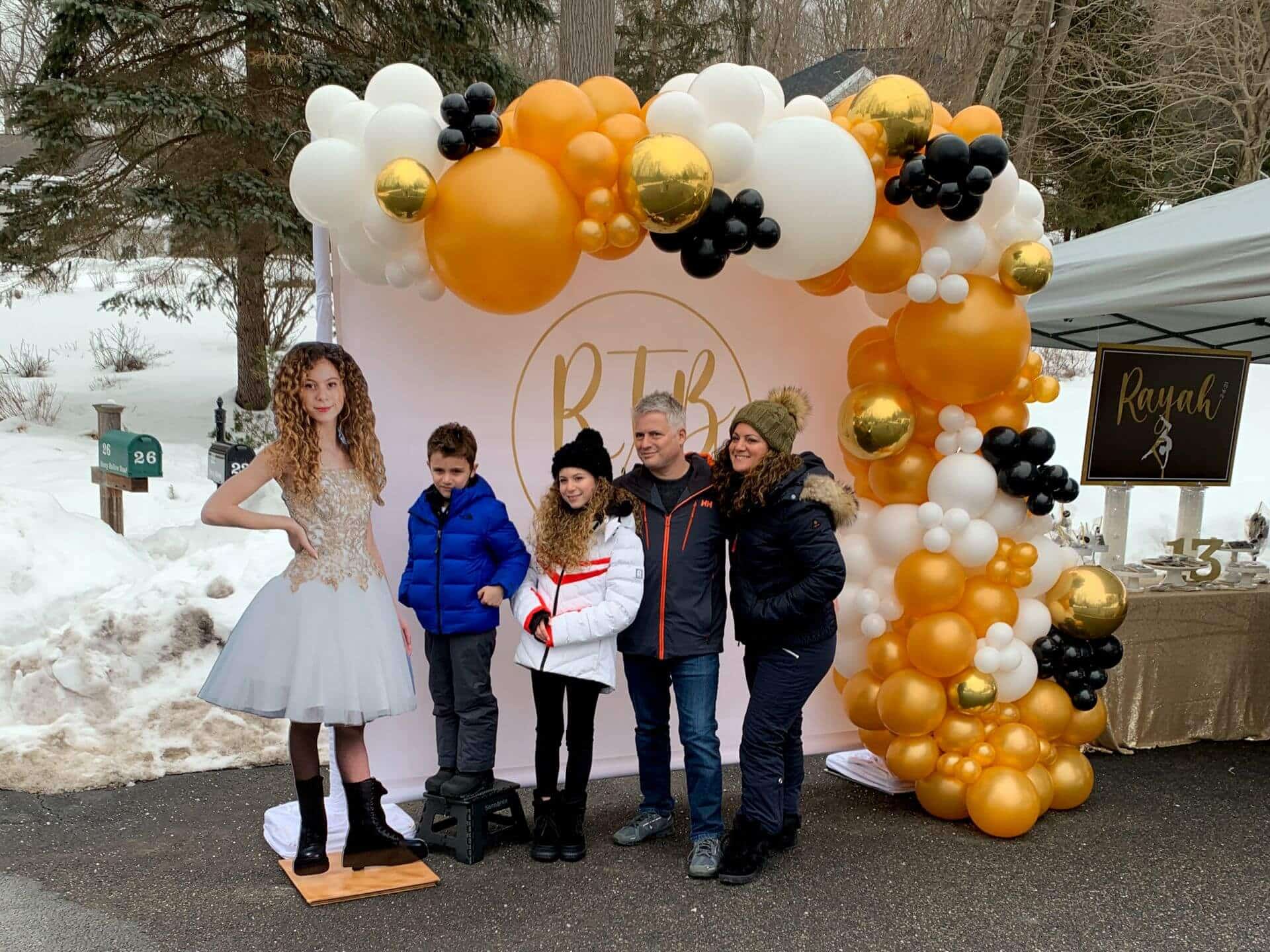 Organic Balloon Arch Over Custom Vinyl Backdrop and with Life Size Cut Out