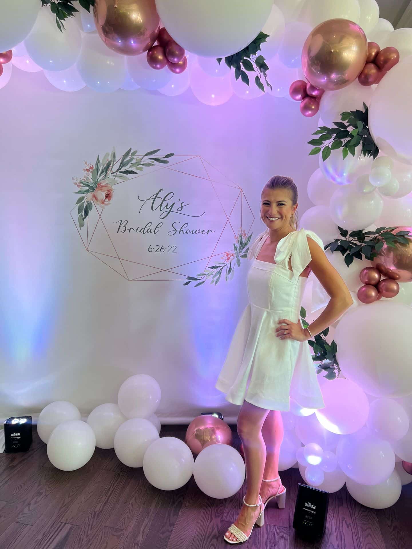 White and Rose Gold Bridal Shower Balloon Garland with Greenery Accents and Custom Logo