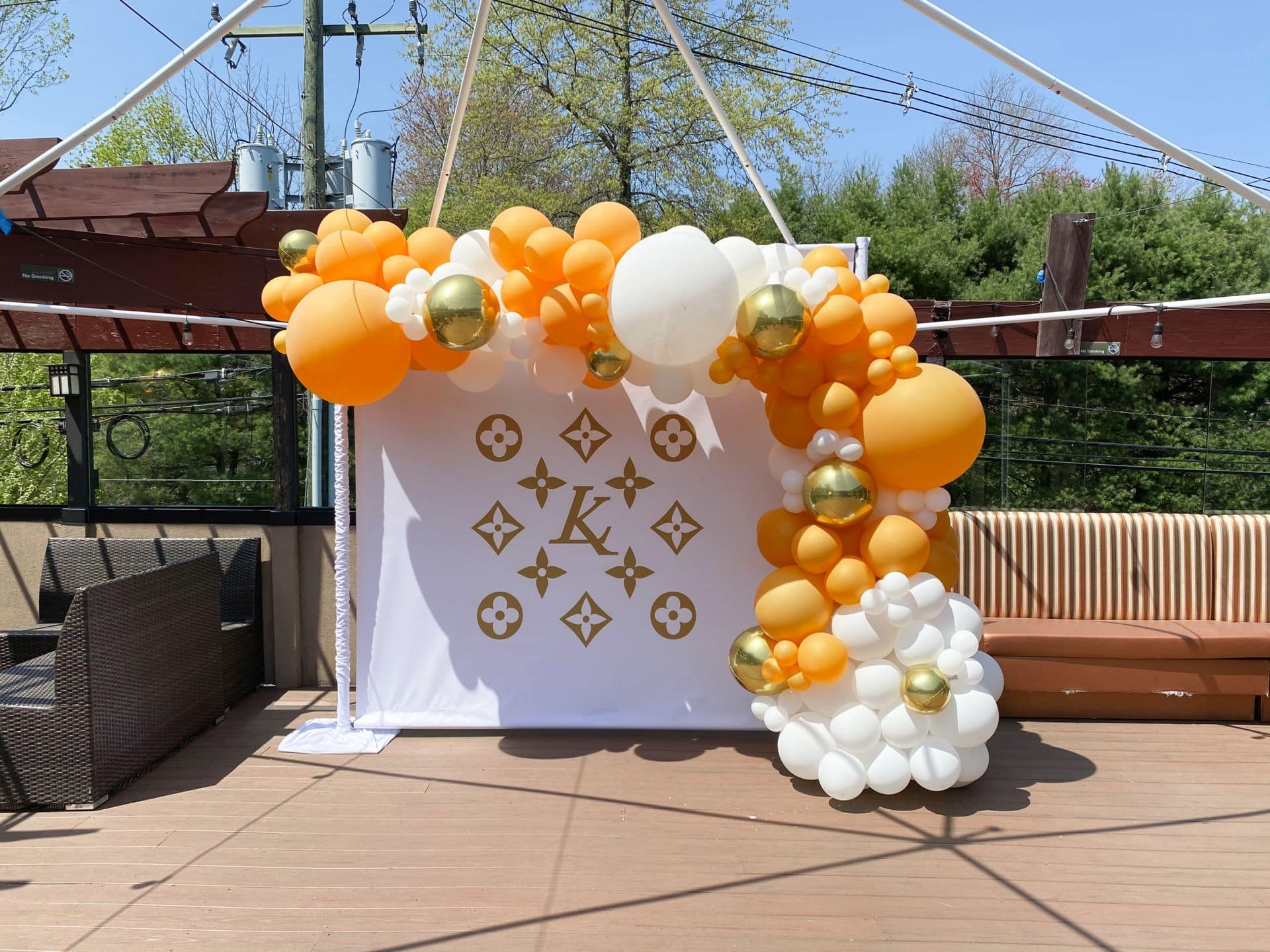 Photo Op Organic Balloon Arch over Step and Repeat for Outdoors Event Decor