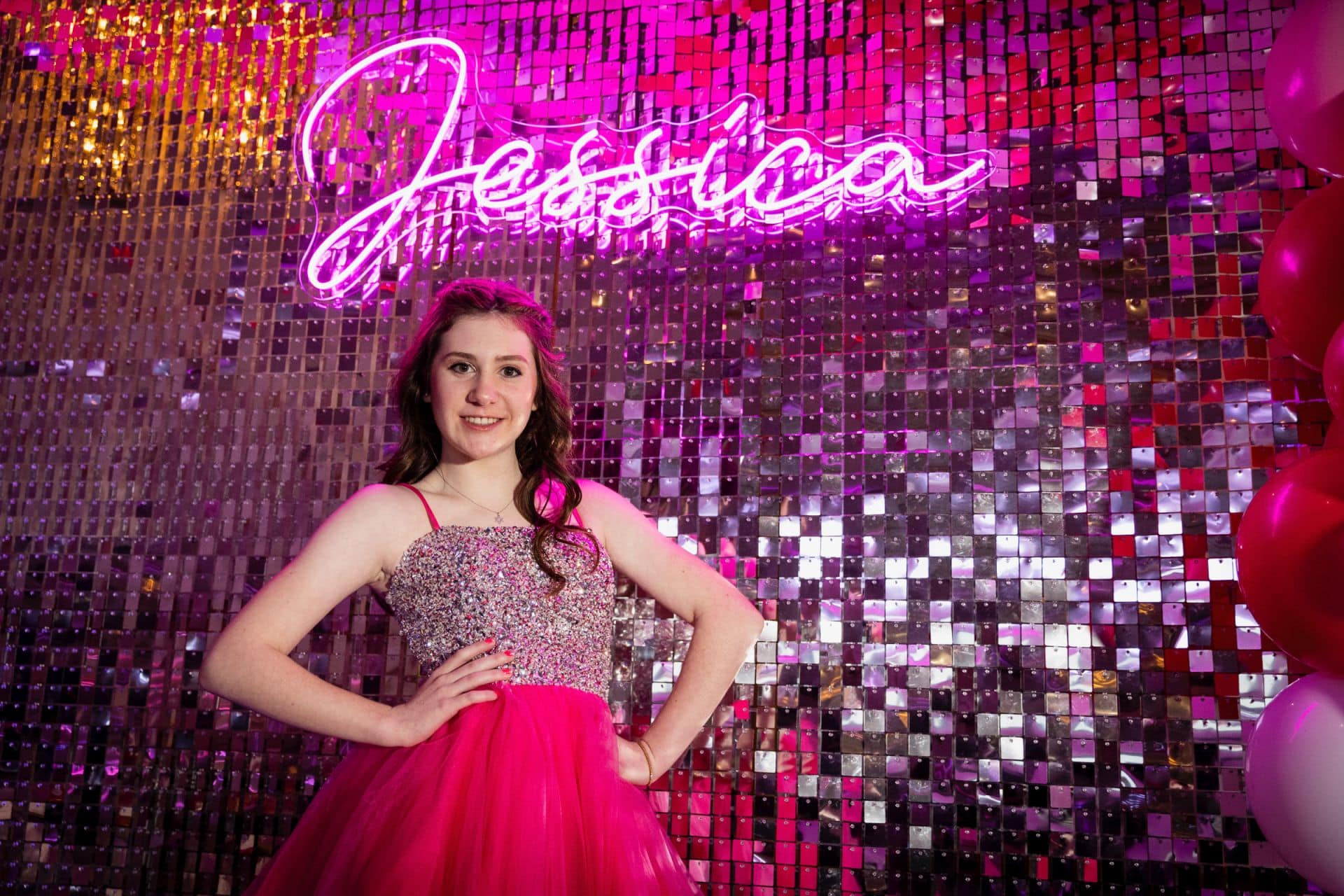 Silver Bling Wall with Neon Sign