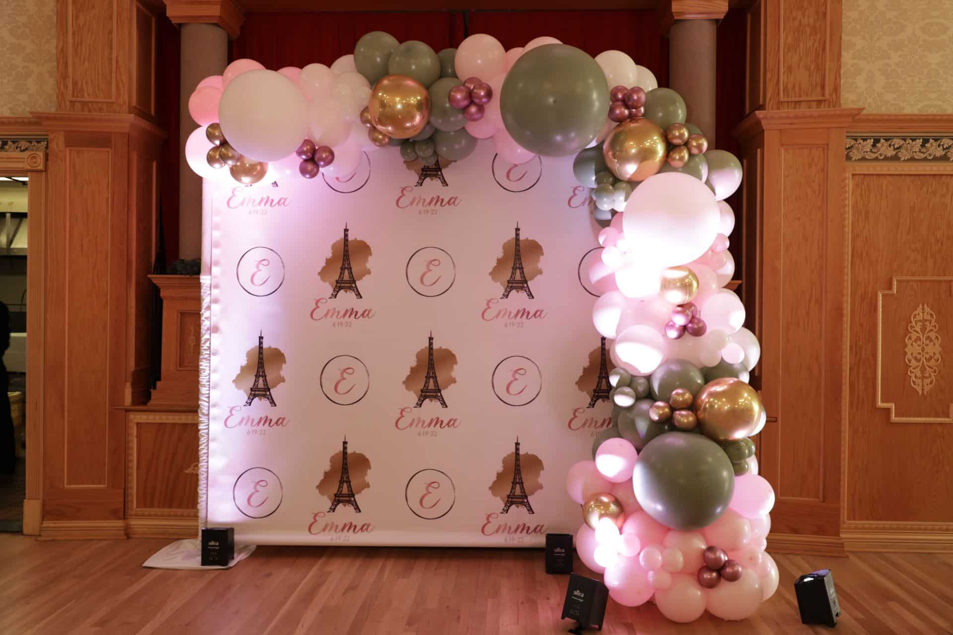 Paris Themed Step and Repeat with Balloon Garland for Bat Mitzvah