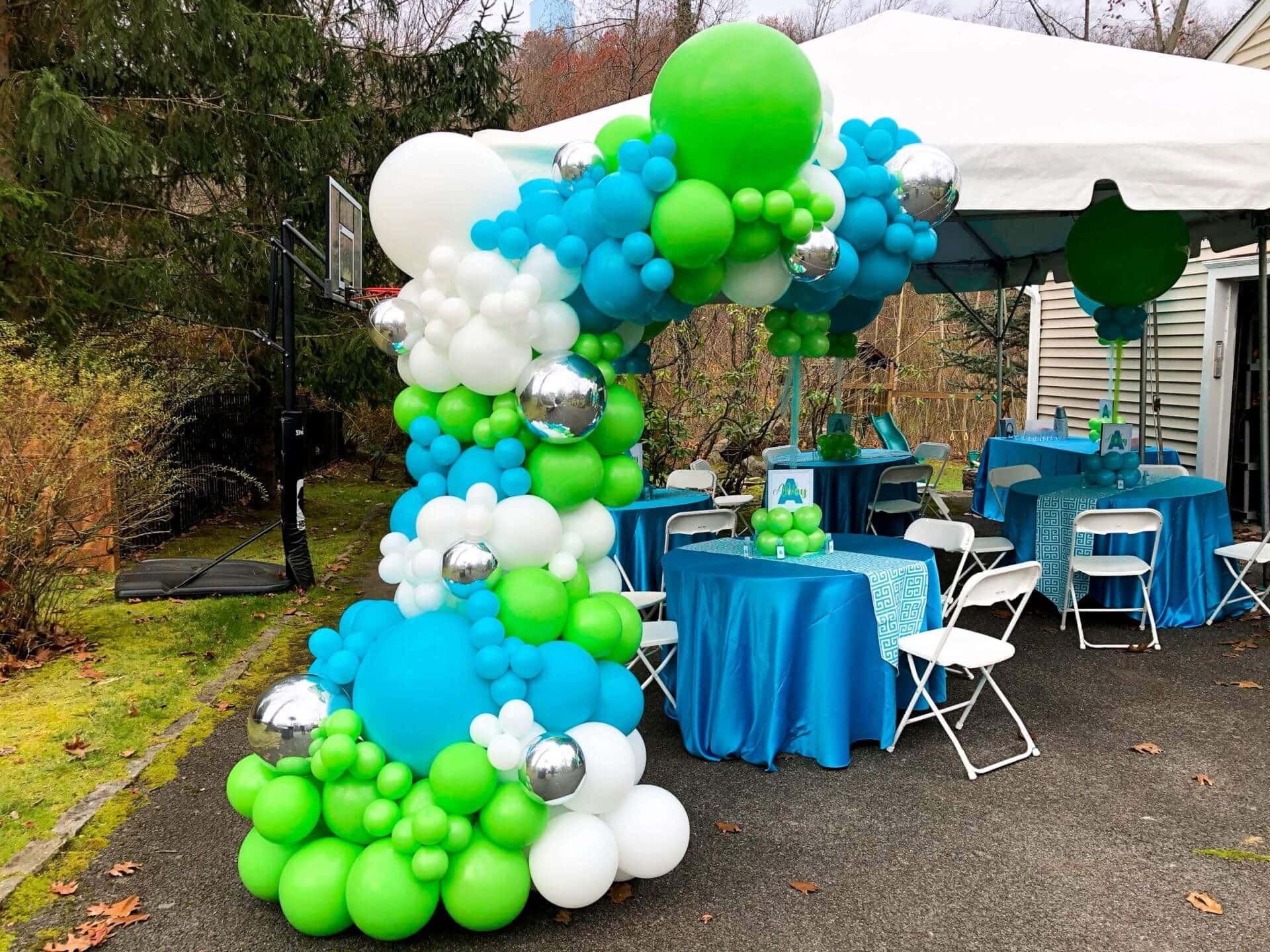Lime and Turquoise Balloon Sculpture for Outdoor Tent Bat Mitzvah