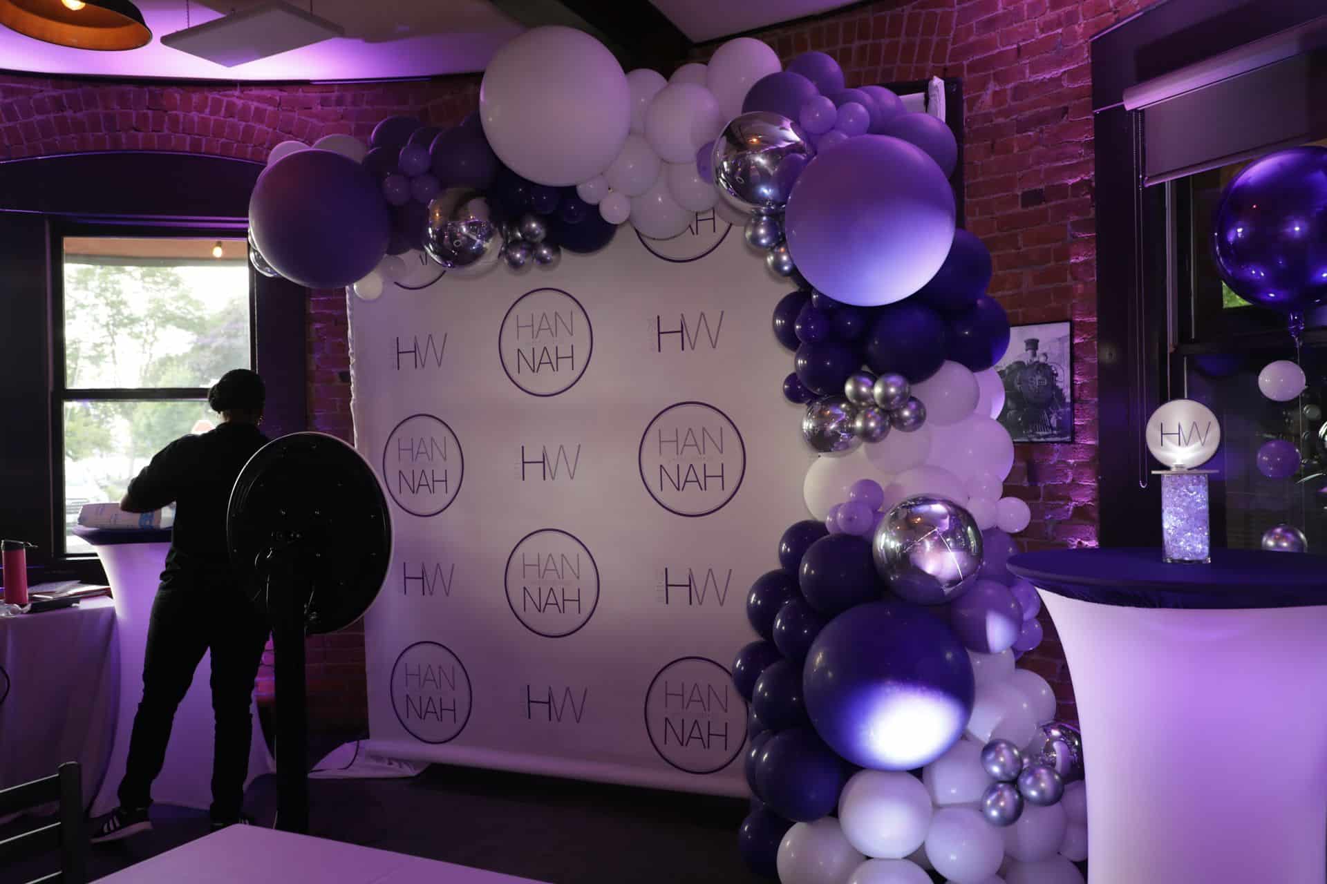 Custom Step and Repeat with Purple and Lavender Balloon Garland for Bat Mitzvah at Hudson Social