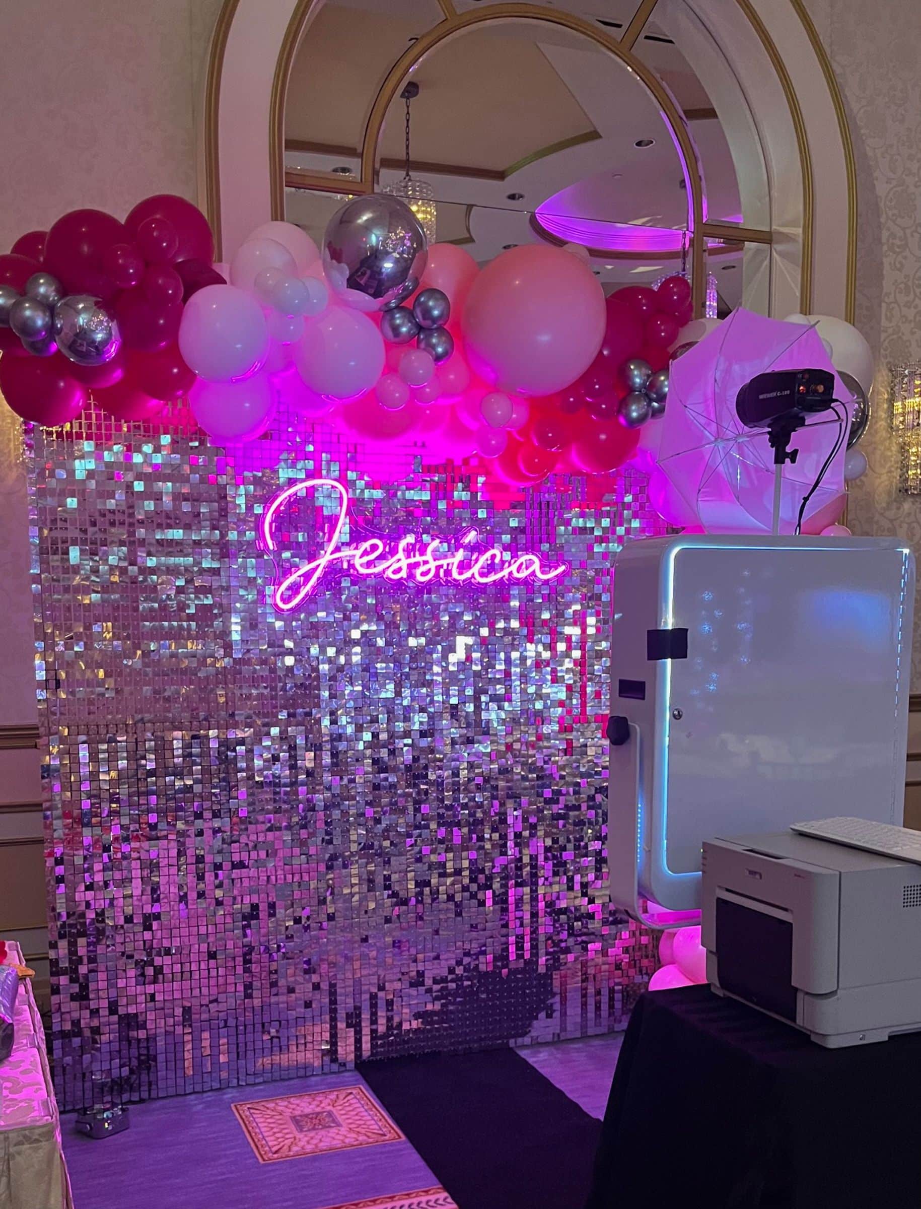 Silver Bling Photo Backdrop with Organic Balloon Garland with Neon Sign