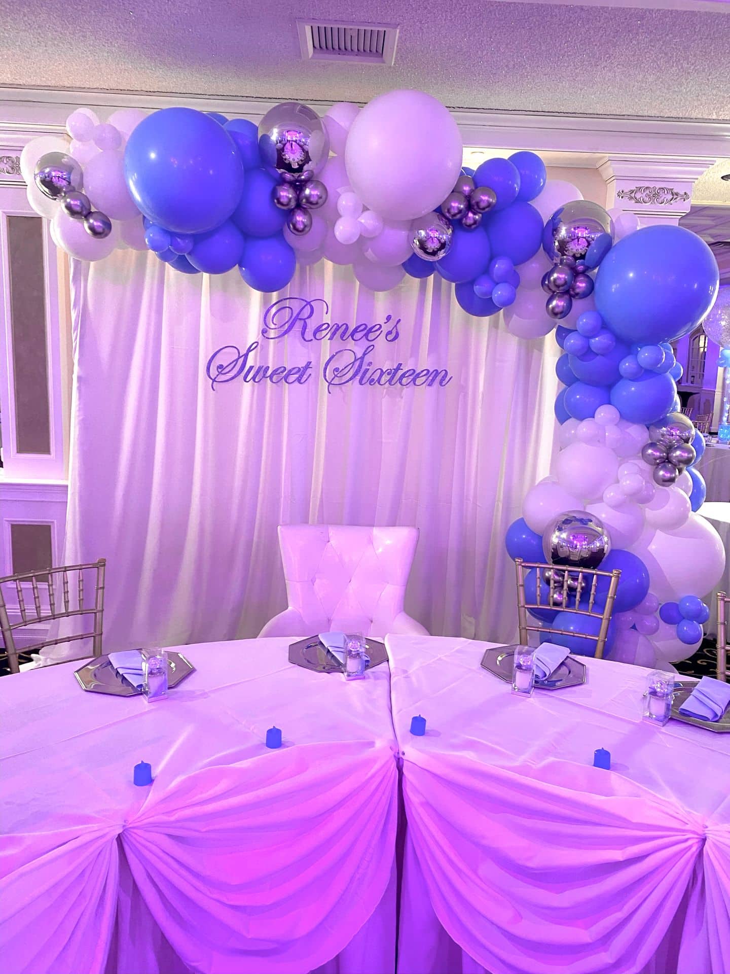 Light Blue and Silver Balloon Garland with Custom Glittered Sign for Sweet Sixteen