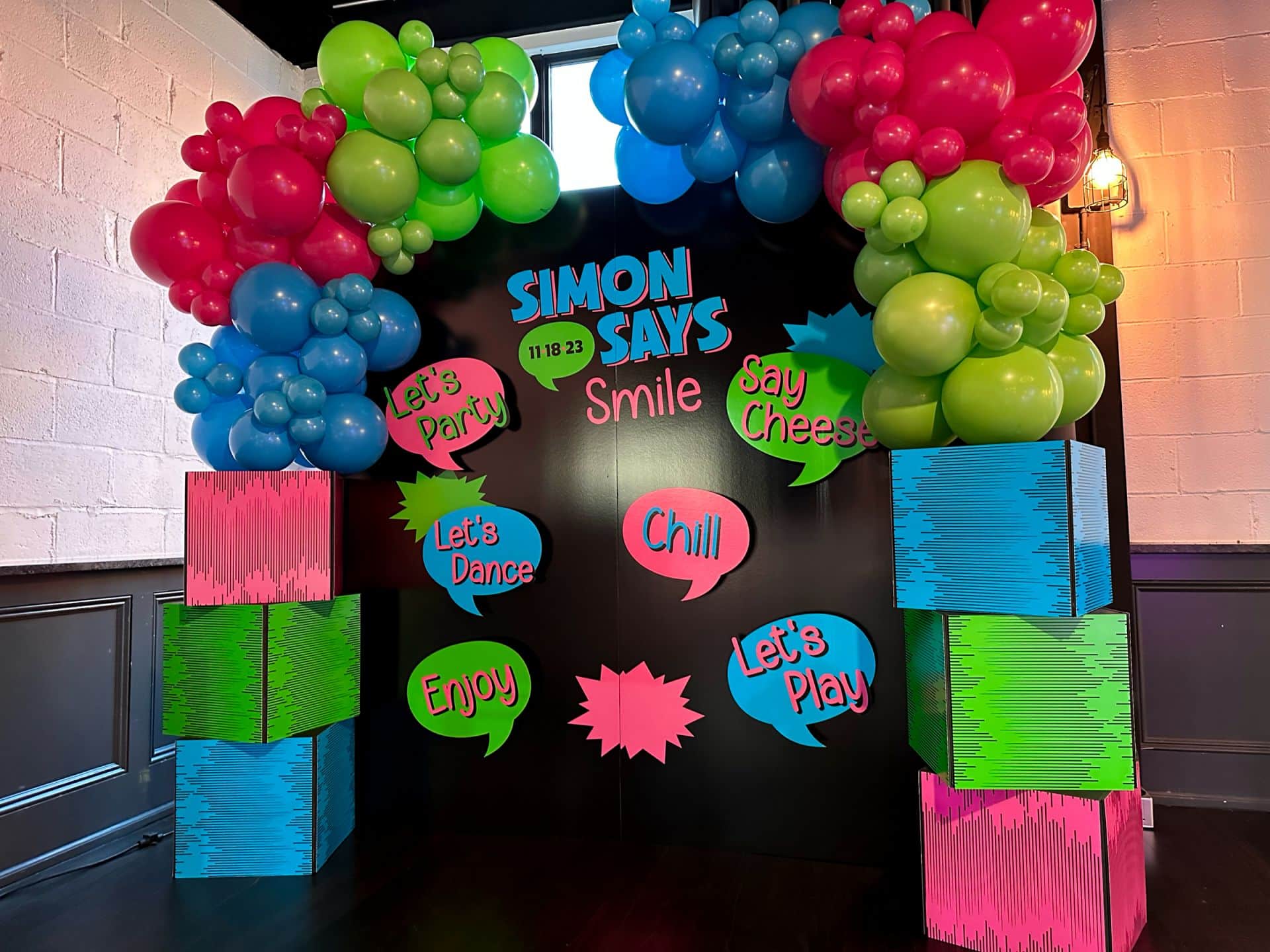 Custom Backdrop with Organic Balloon Garland and 3D Cubes for Bar Mitzvah Photo Booth