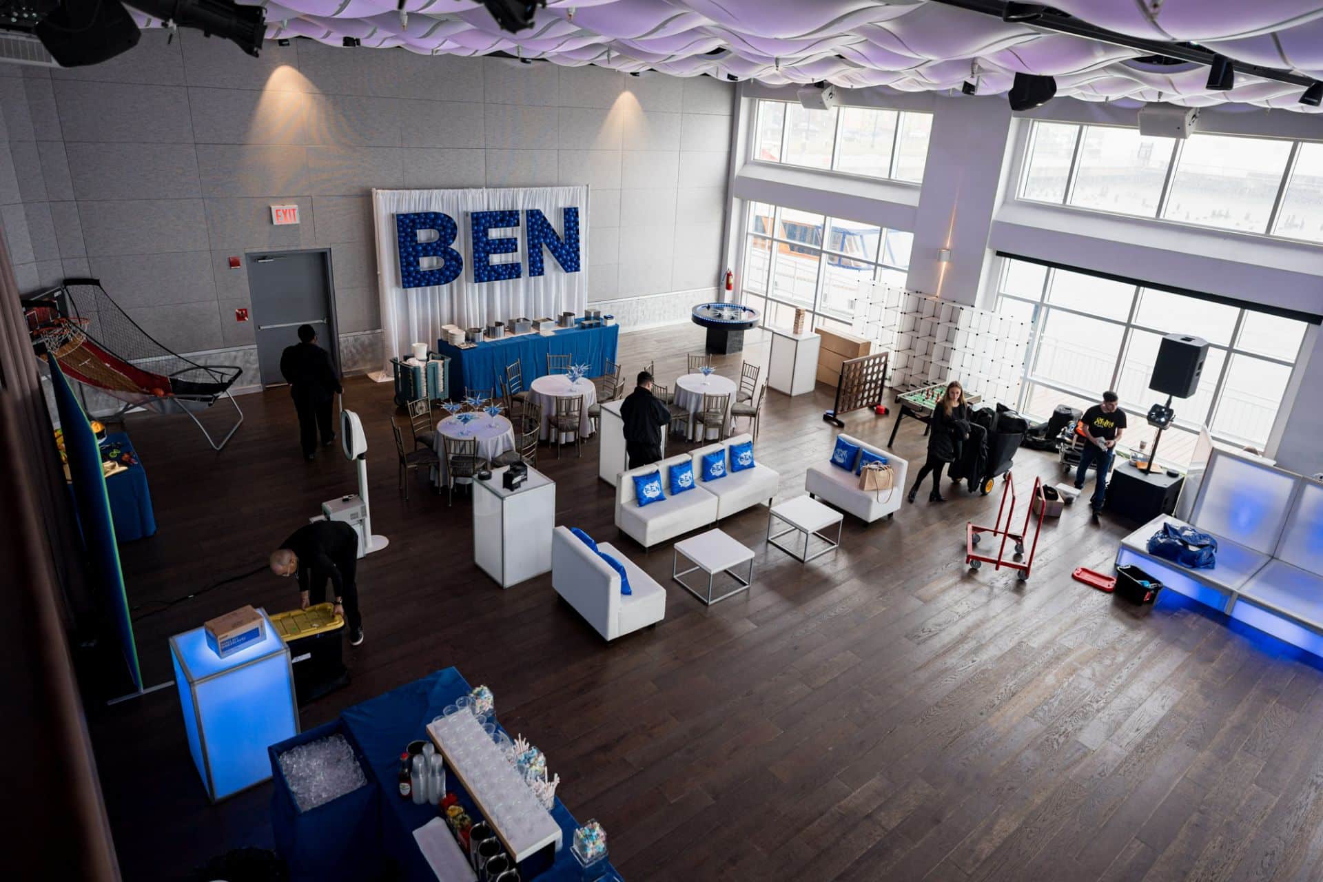 Custom Balloon Mosaic Name on Pipe and Drape Behind Lounge for Bar Mitzvah at Current, NYC