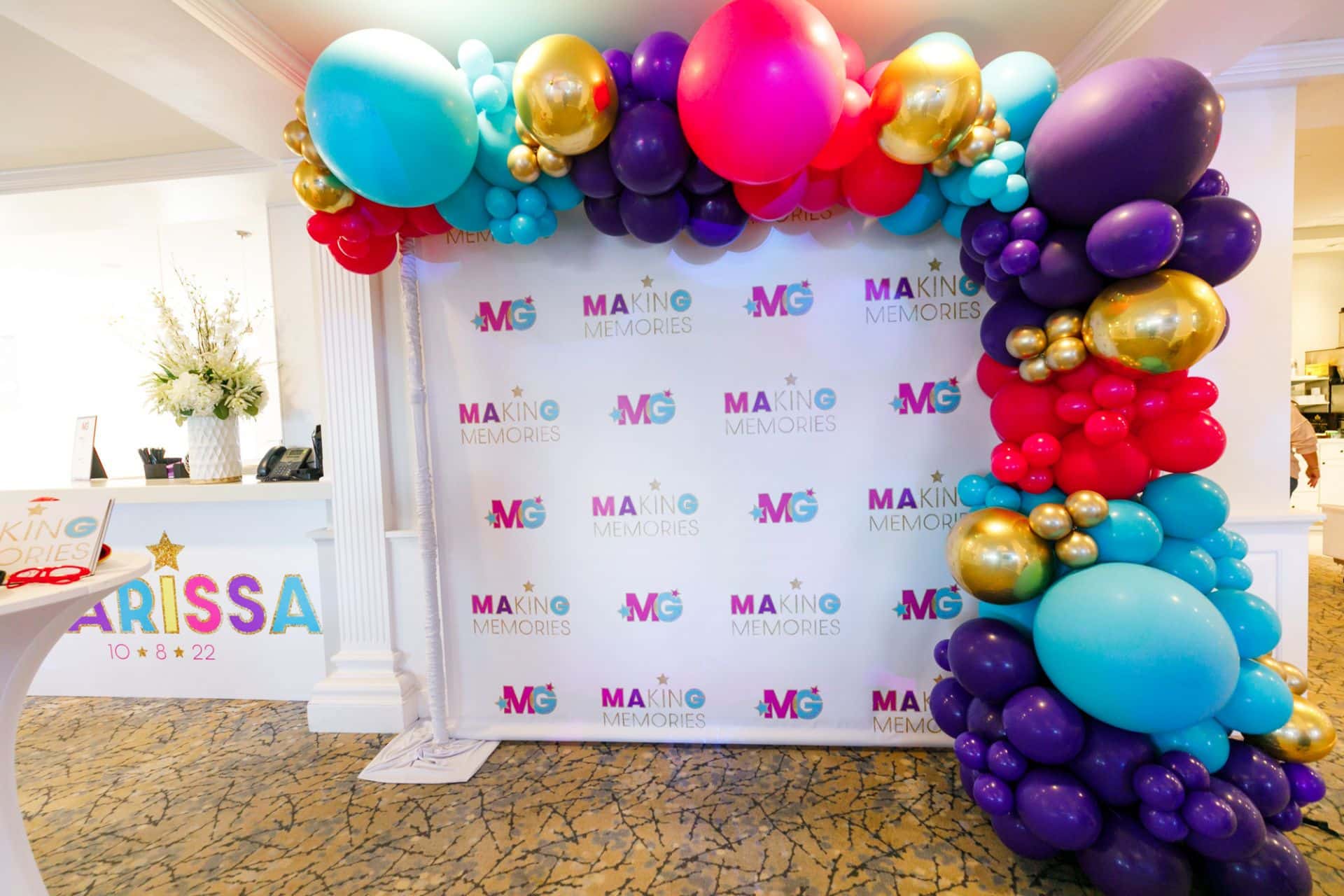 Bat Mitzvah Balloon Garland with Custom Step and Repeat for Bat Mitzvah at Fairview Country Club