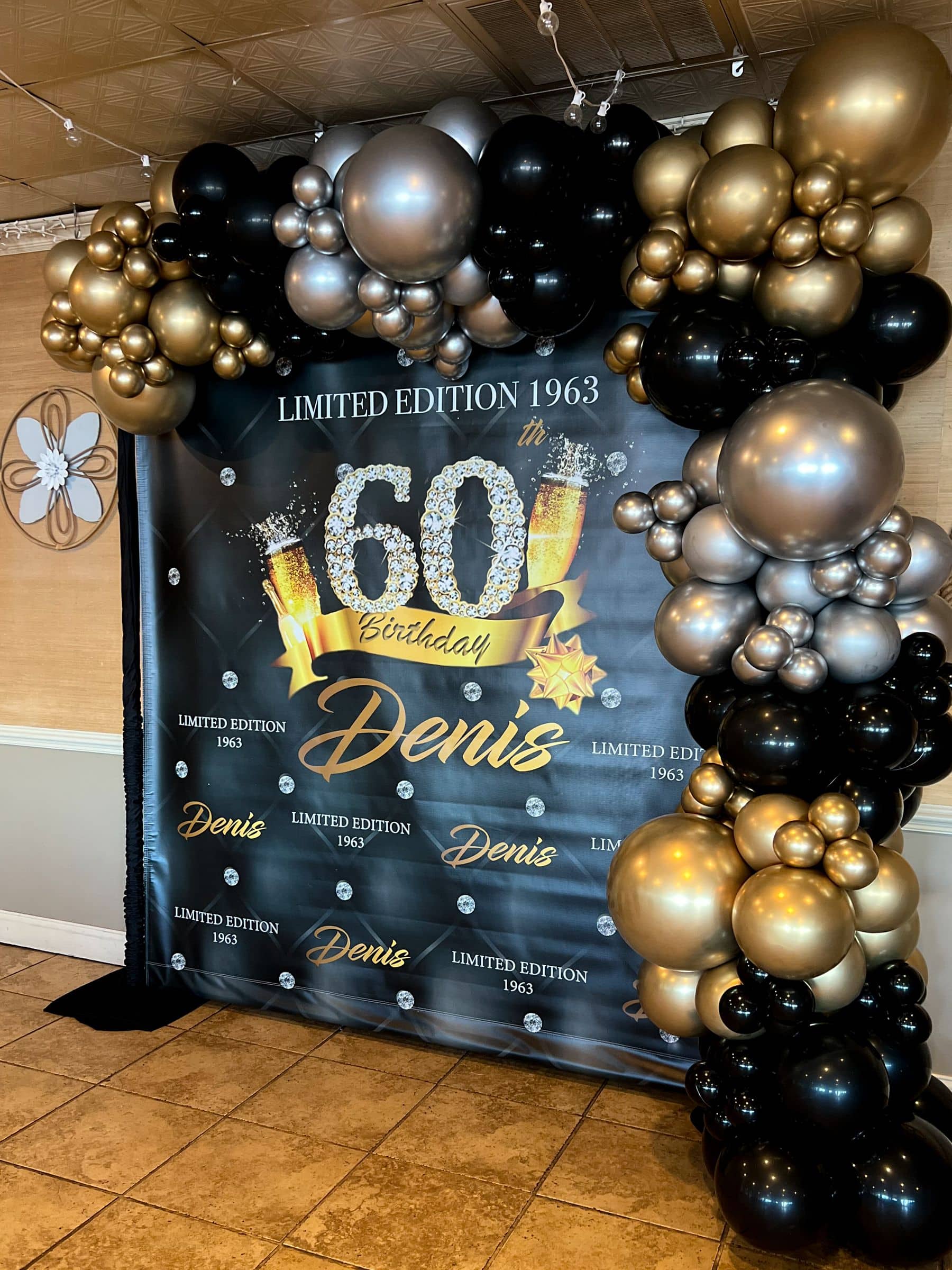 60th Birthday Photo Backdrop with Organic Balloon Garland