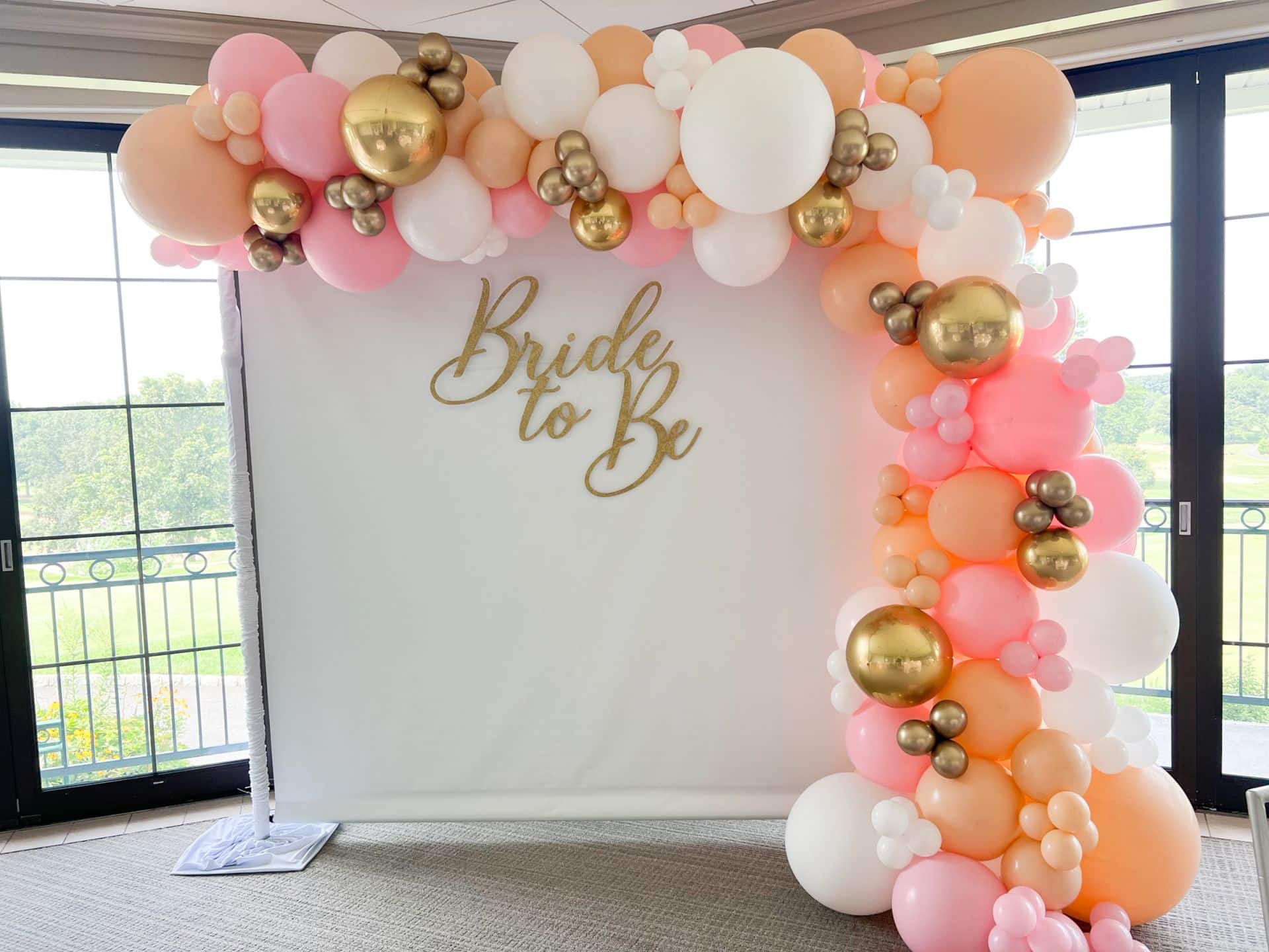Bridal Shower Balloon Garland with Custom Backdrop and Glittered Sign