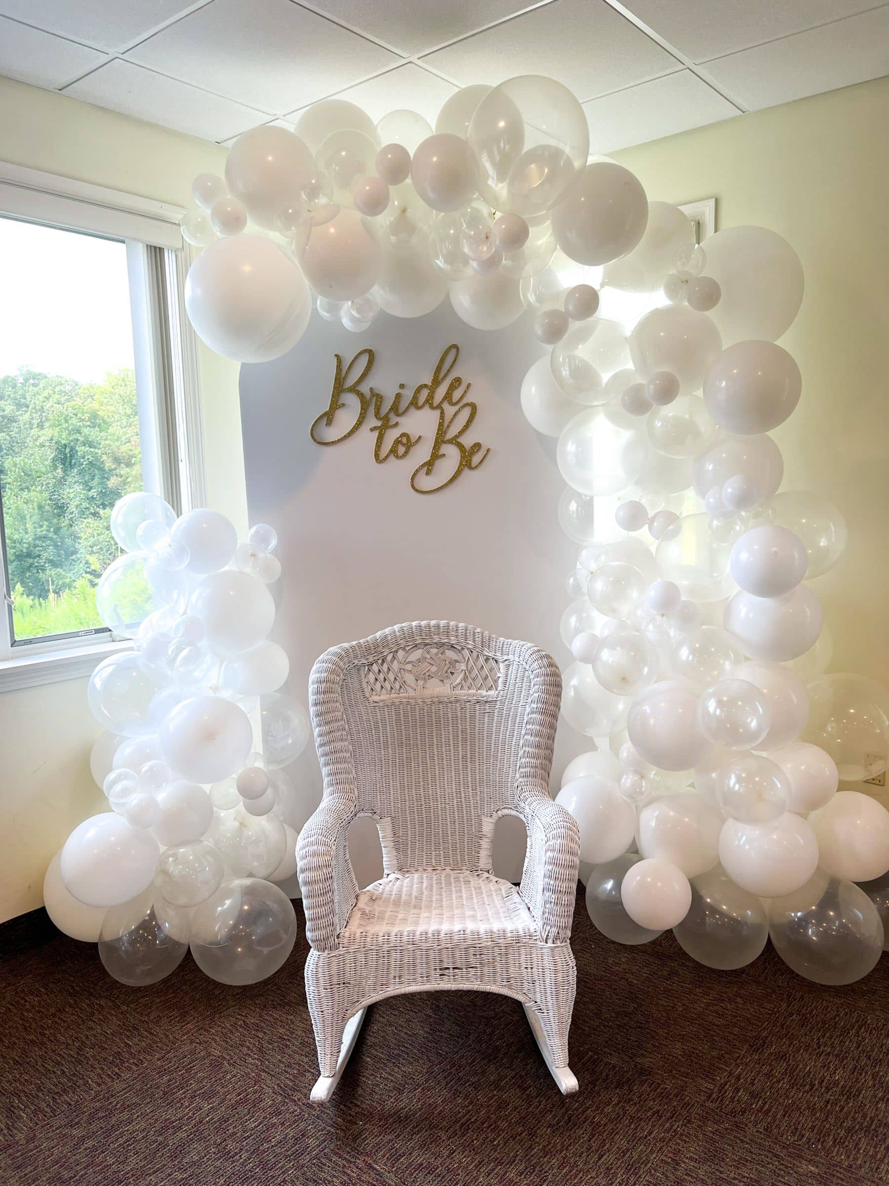 White Balloon Garland with Custom Chiara Arch and Glitter Sign Backdrop for Bridal Shower