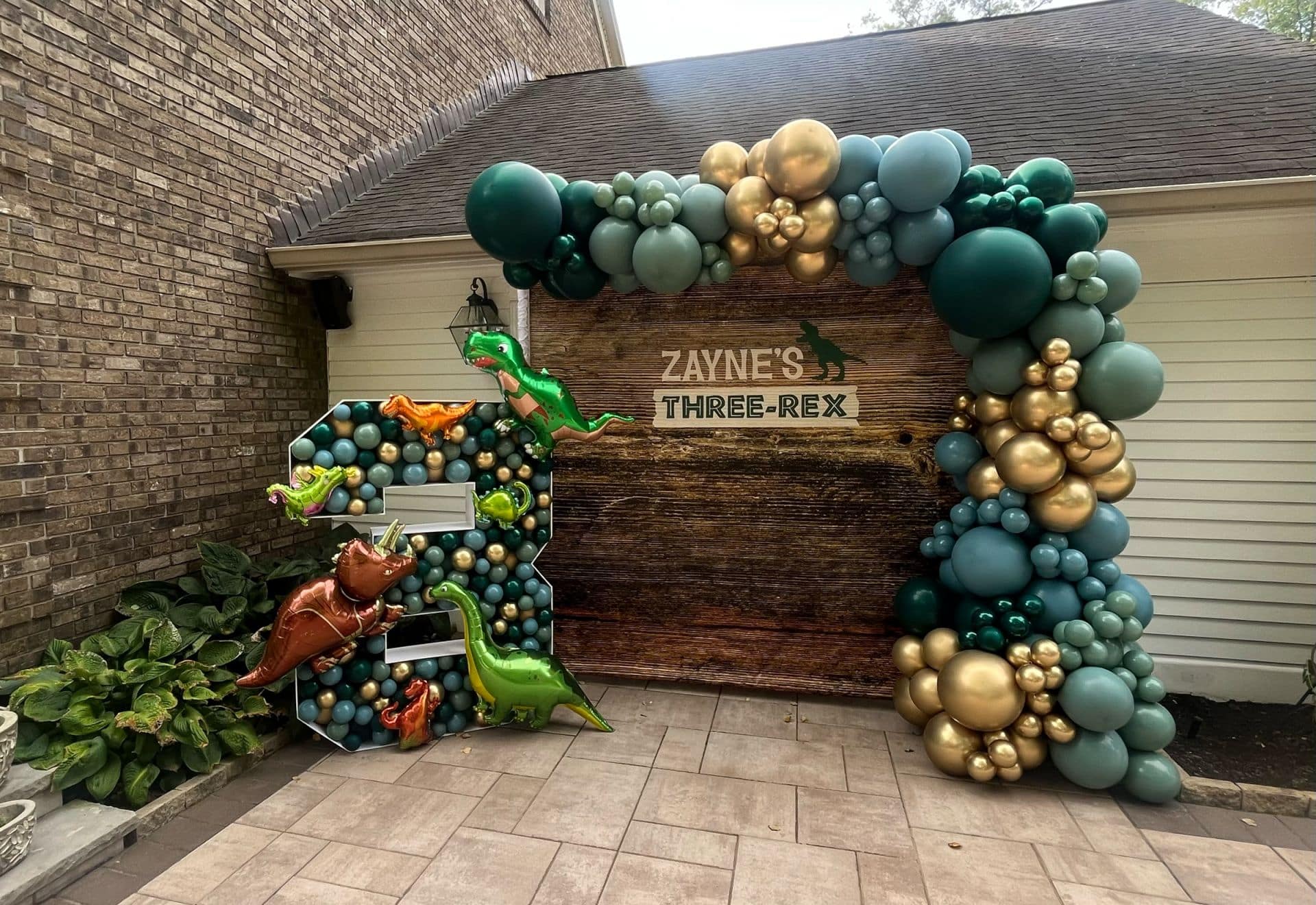 Dinosaur Themed Photo Op with Custom Vinyl Backdrop, Organic Balloon Garland and Balloon Mosaic Number