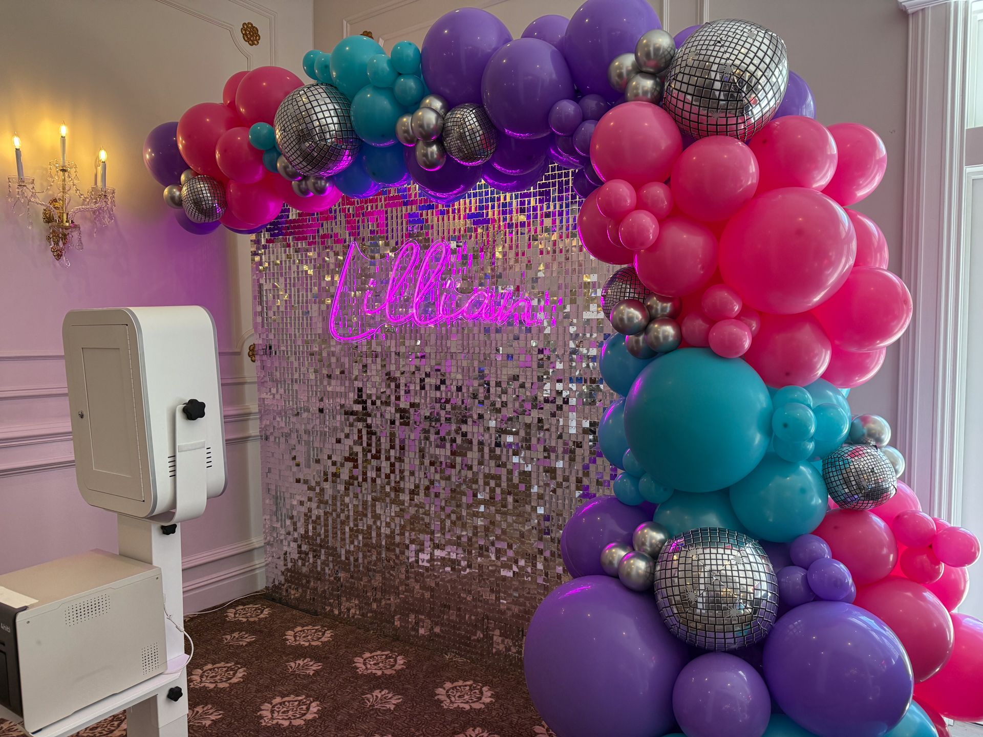 Organic Balloon Garland Over Shimmer Wall with Neon Sign for a Bat Mitzvah at Town & Country
