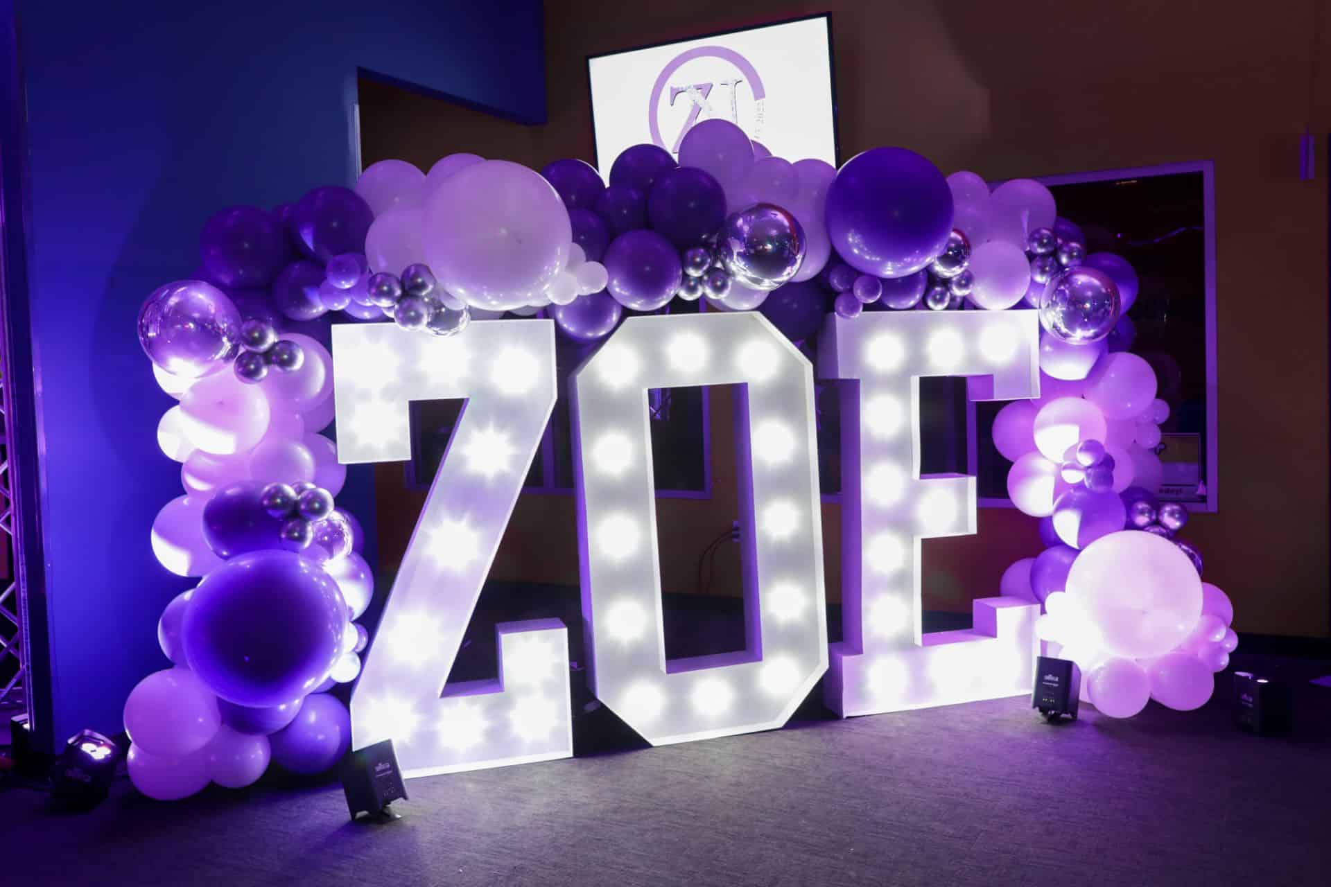 Purple and White Balloon Garland over LED Marquee Name for Bat Mitzvah Entrance