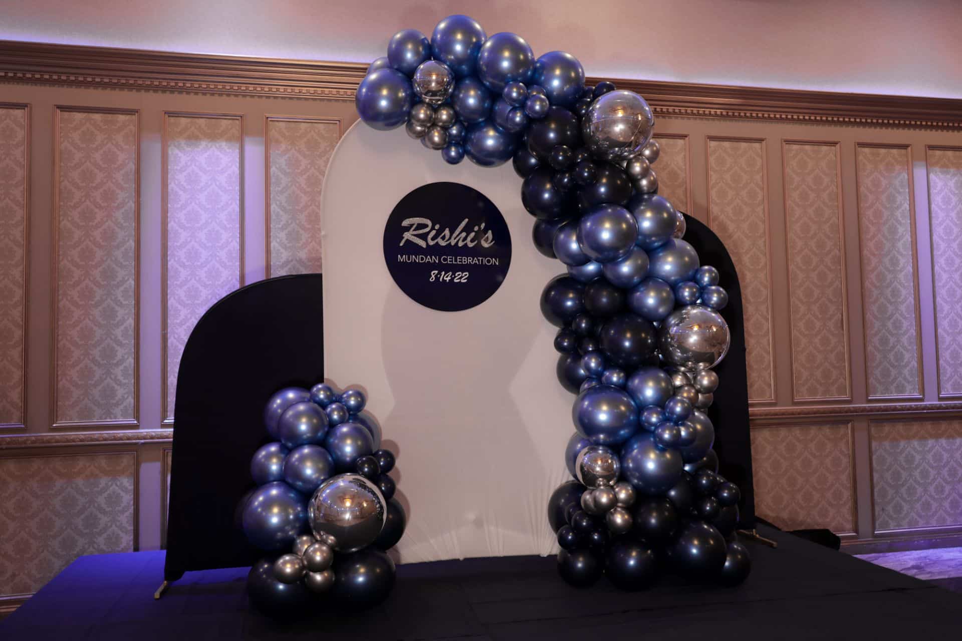 Metallic Shades of Blue Balloon Garland with Custom Sign for Mundan Ceremony