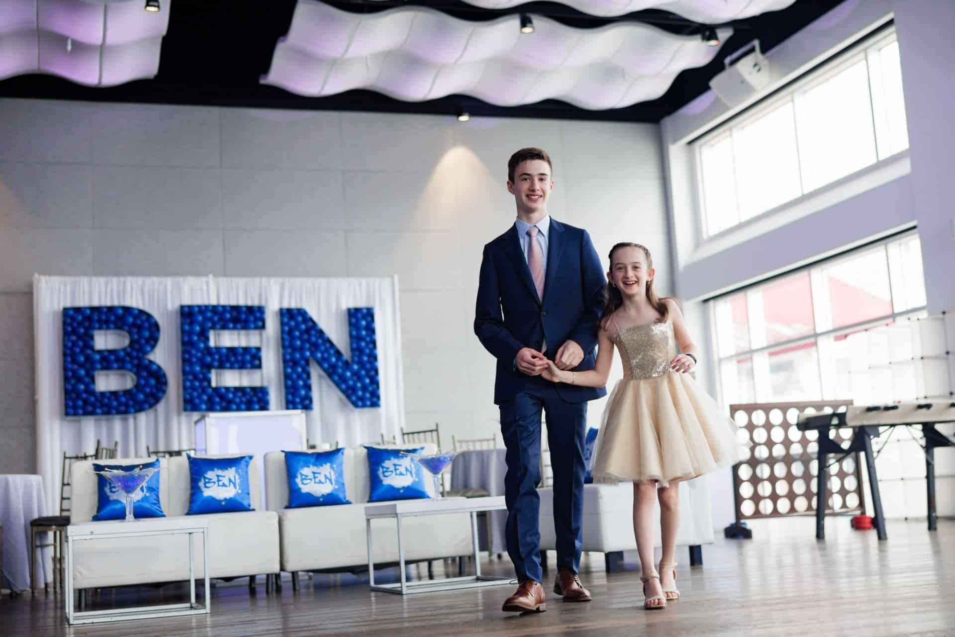 Custom Balloon Mosaic Name on Pipe and Drape Behind Lounge for Bar Mitzvah at Current, NYC