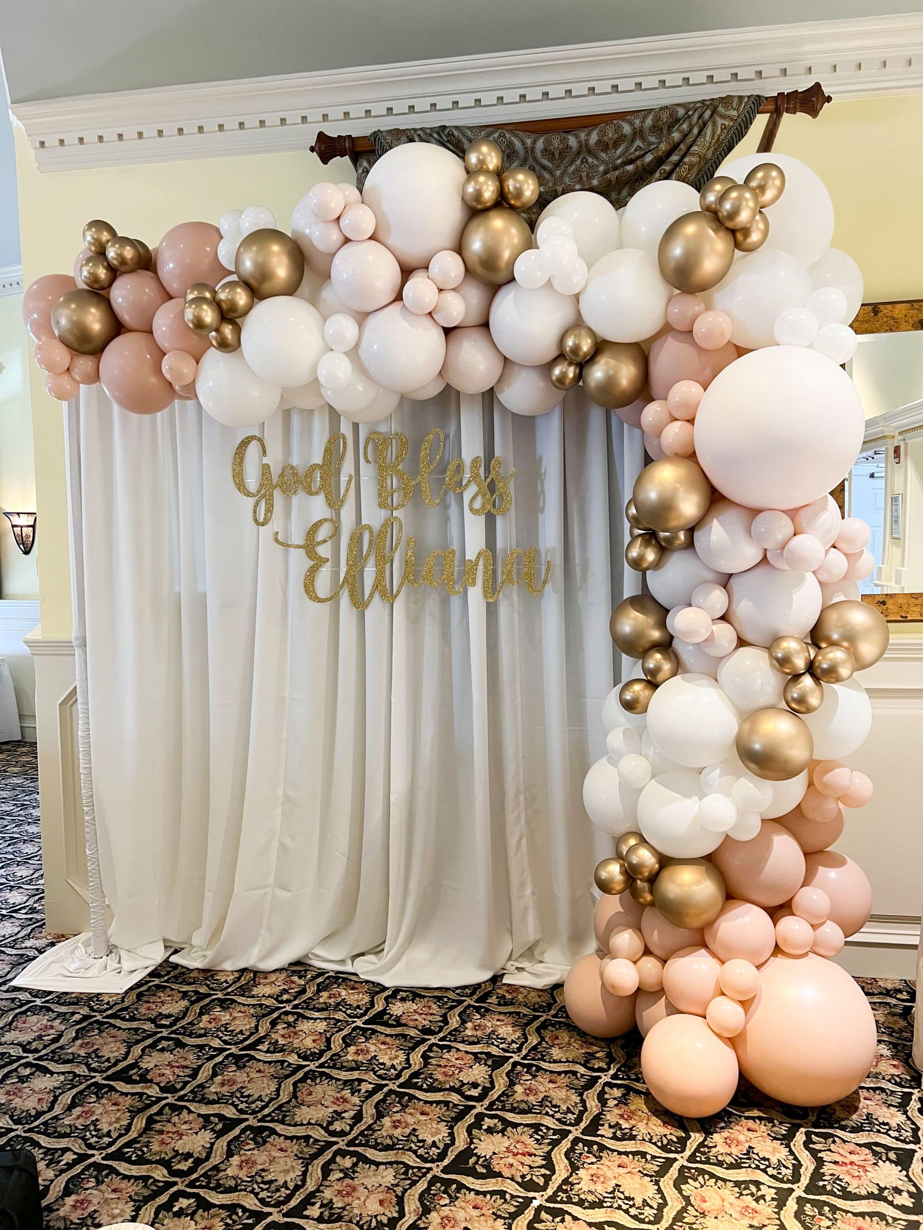 Balloon Garland with Custom Draping Backdrop and Glitter Sign for Christening