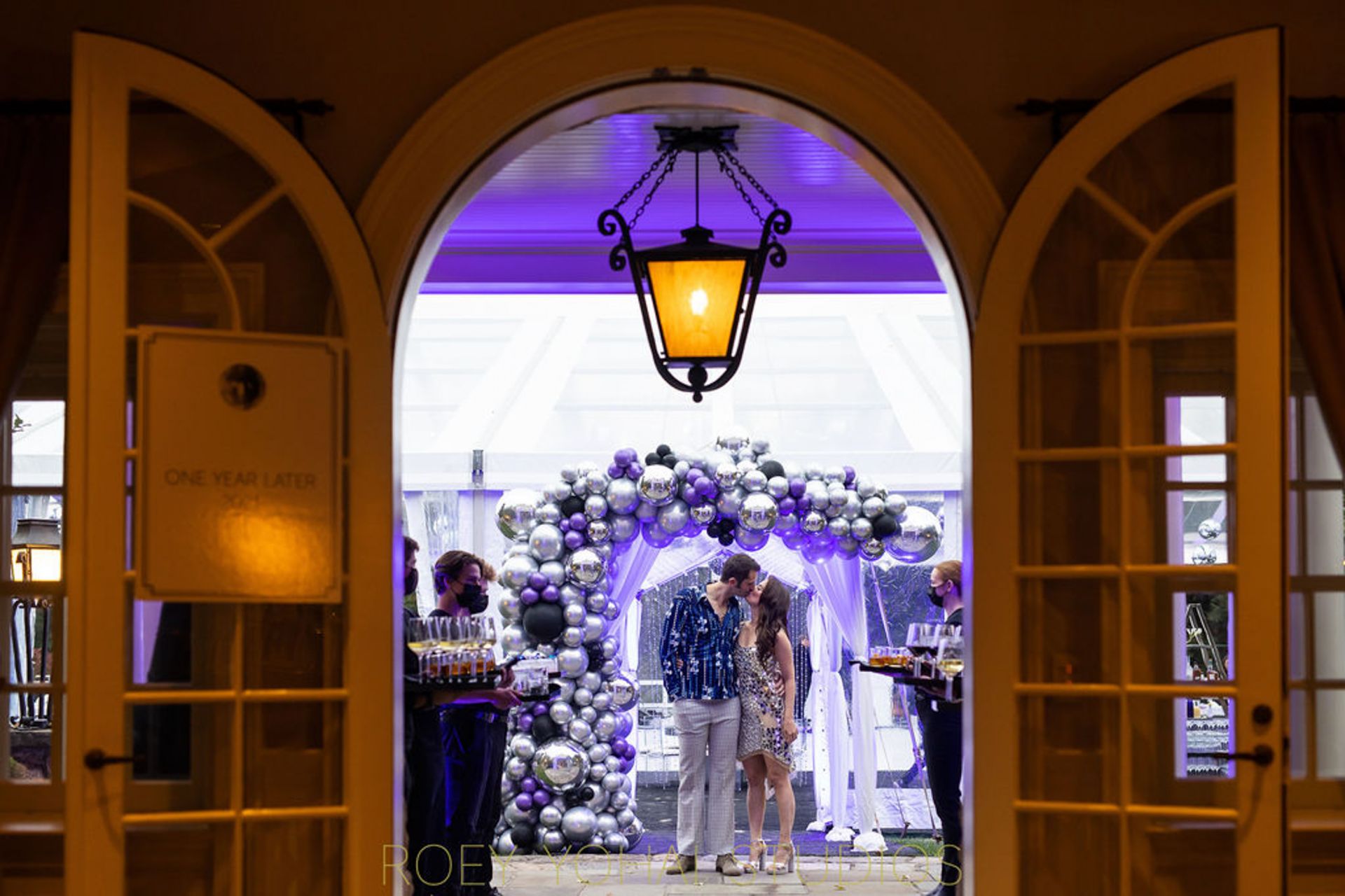 Organic Metallic Half Balloon Arch for a 1st Year Wedding Anniversary Outdoor Party