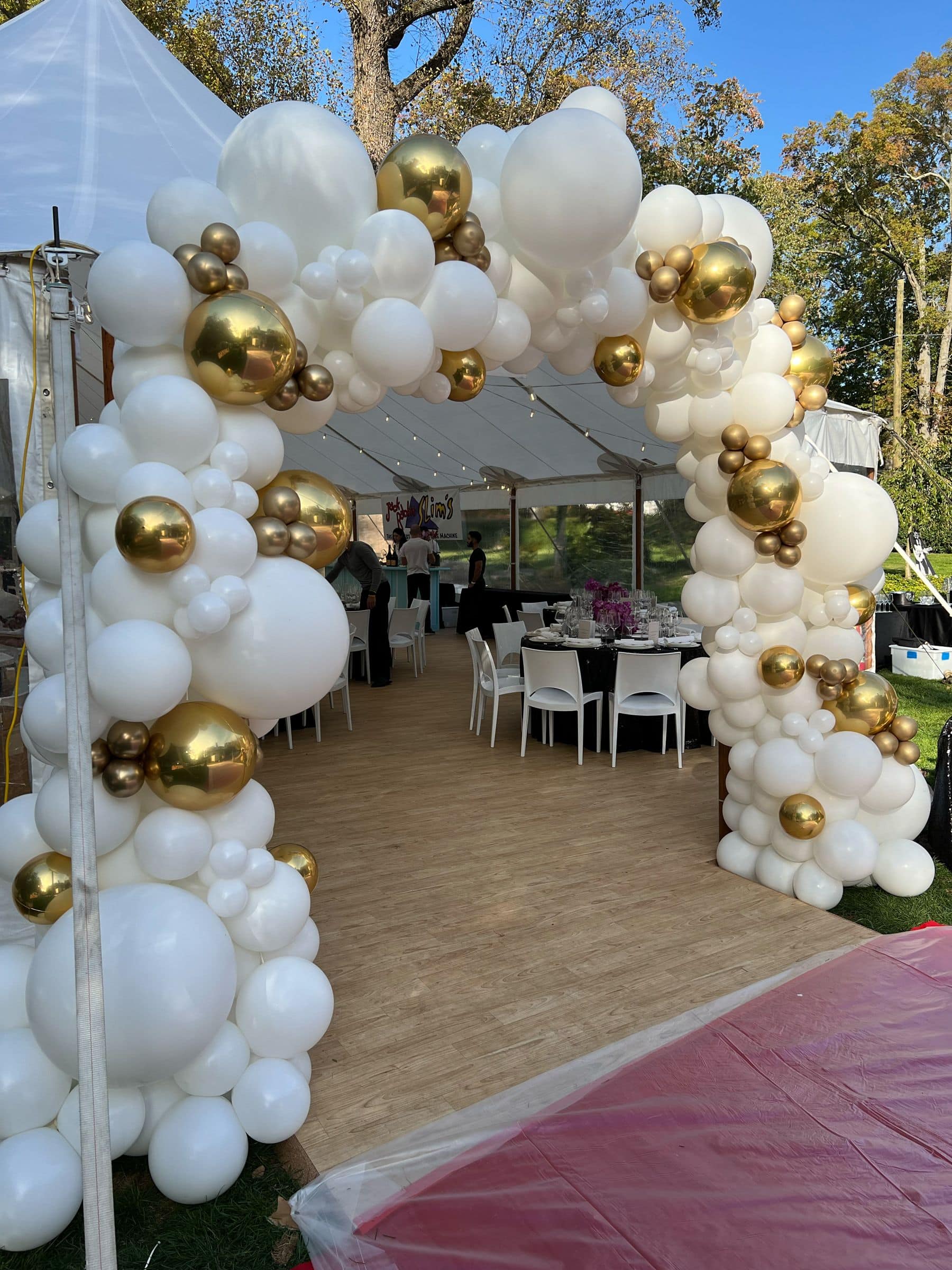White and Gold Organic Balloon Arch for Outdoor Tent Party