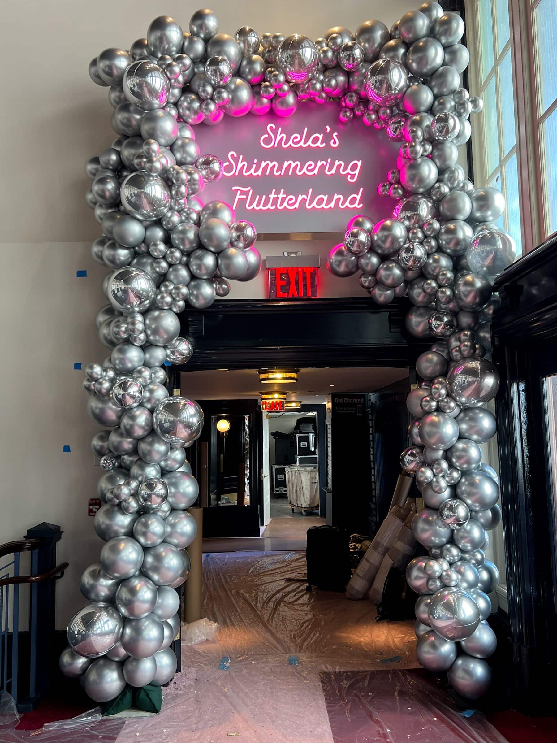 Silver Metallic Balloon Garland over Entrance for Bat Mitzvah