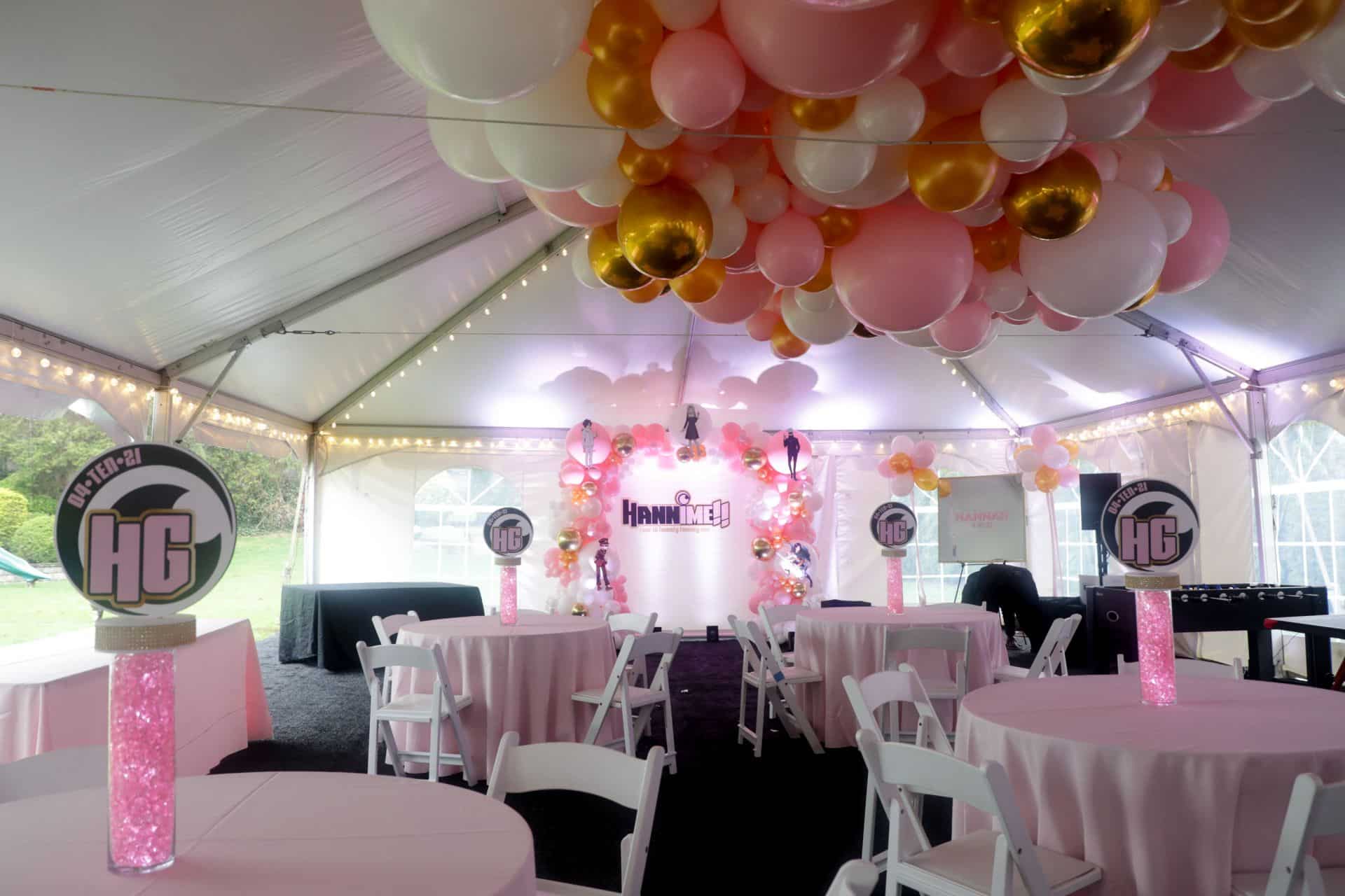 Balloon Arch, Ceiling Treatment, Custom Backdrop and Custom Logo Centerpiece for Tent Party