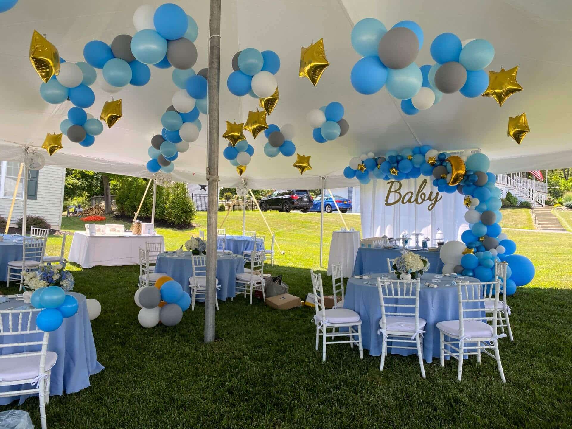 Ceiling Balloon Clusters and Stars in Tent for Outdoor Baby Shower