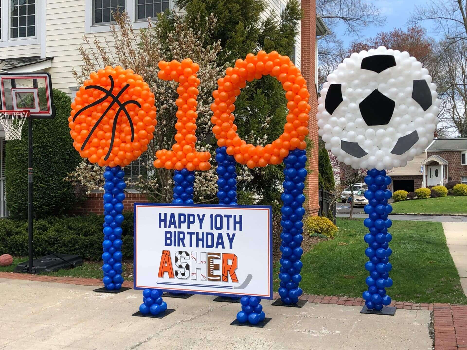 Basketball and Soccer Ball Balloon Sculptures and Custom Sign for 10th Birthday Drive By