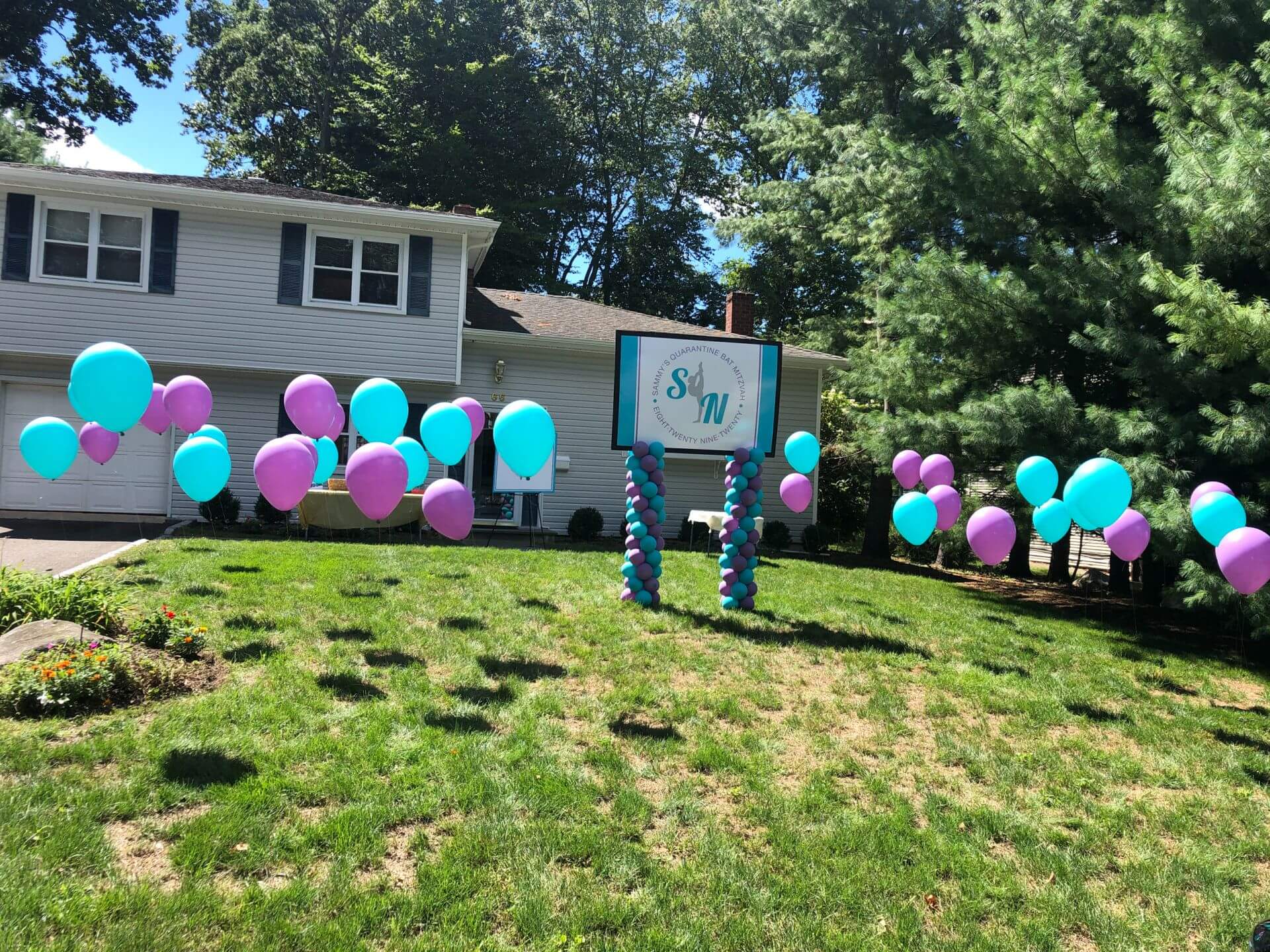 Turquoise and Lavender Balloon Scape with Custom Logo Sign for Drive By Bat Mitzvah