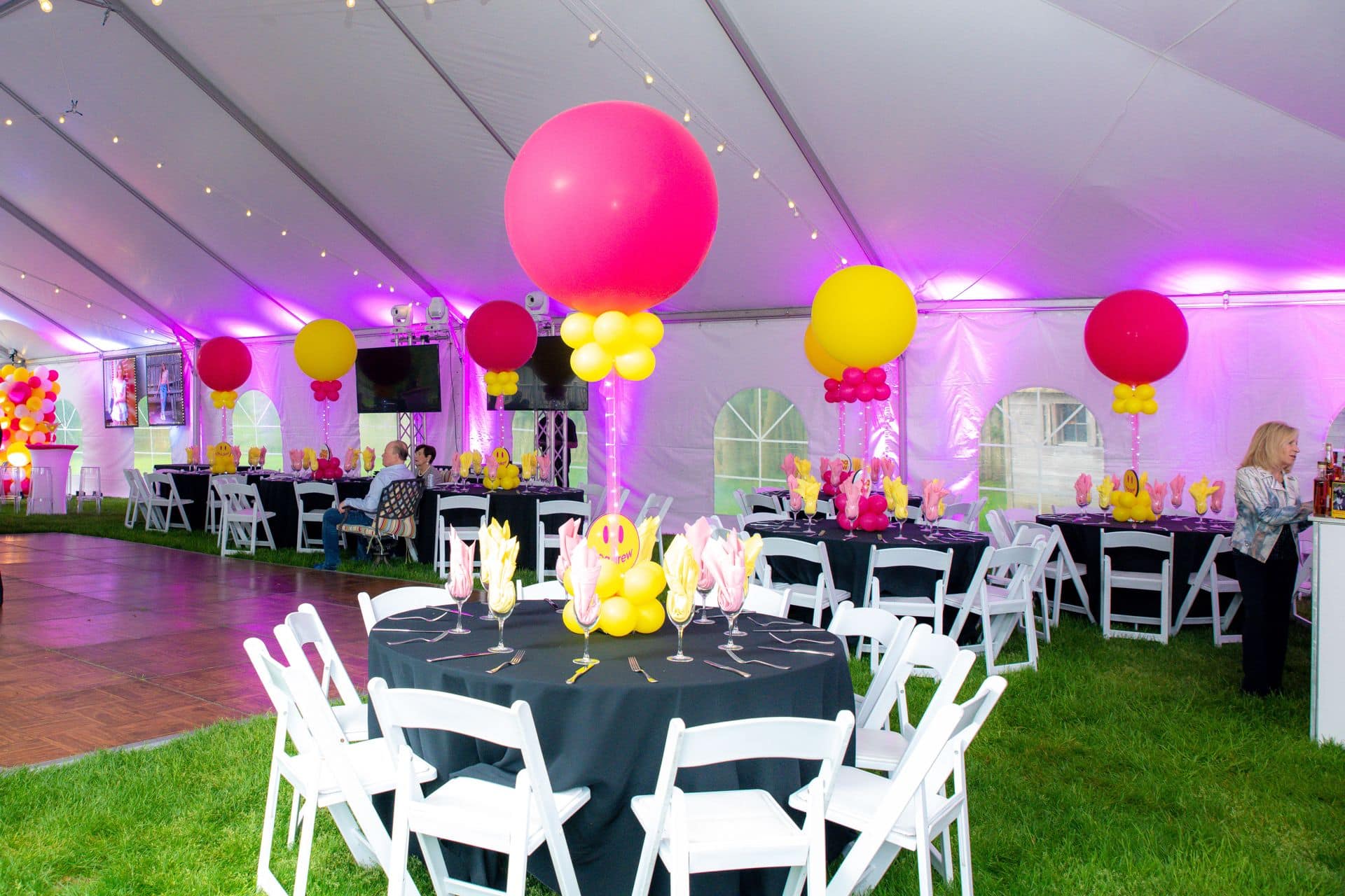 Pink and Yellow Balloon Centerpieces for Outdoor Tent Bat Mitzvah