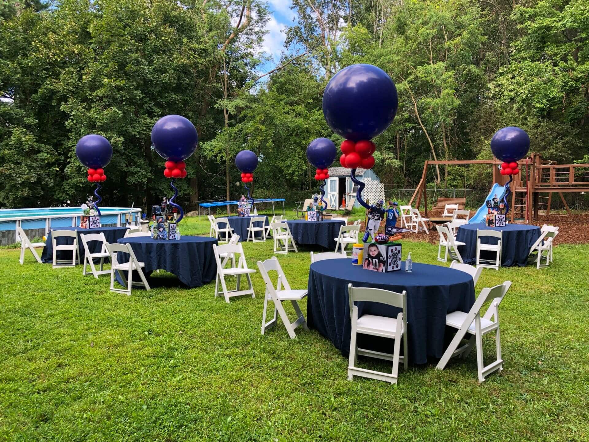 Navy and Red Balloon Centerpieces for Outdoor Bar Mitzvah