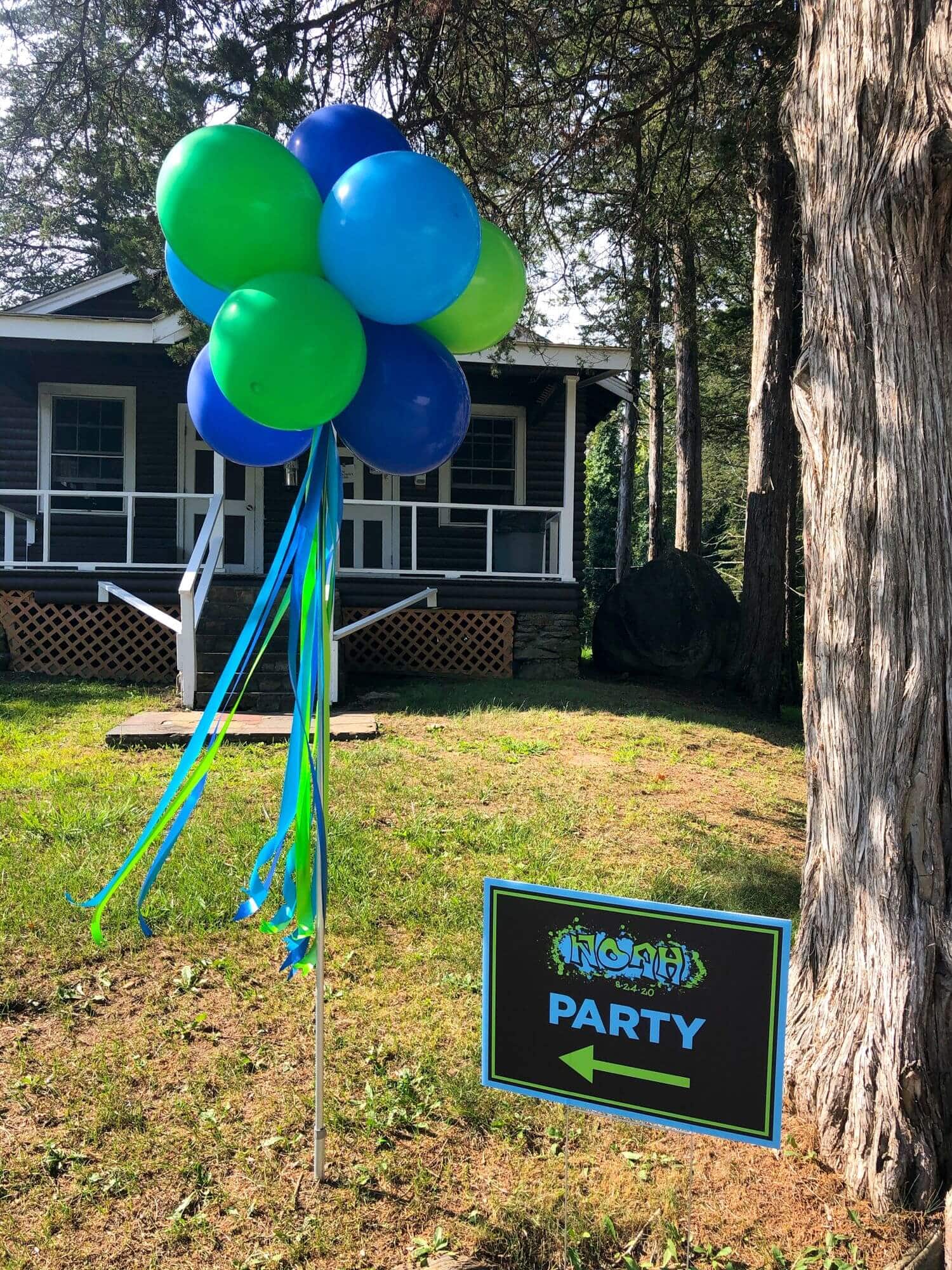 Balloon Topiary Arrangement with Ribbon Tassels and Custom Lawn Sign for Outdoor Bar Mitzvah