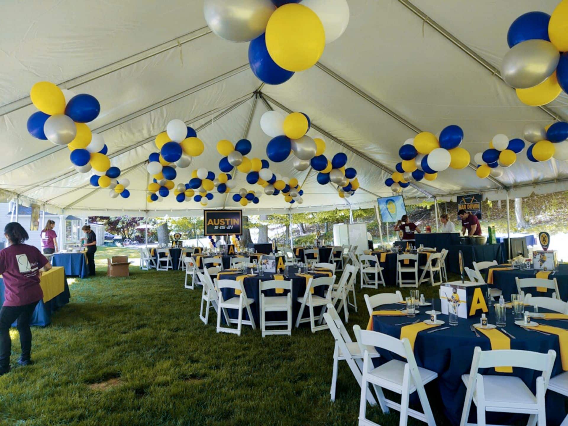 Tent Party Bar Mitzvah with Custom Photo Cubes as Centerpieces, Balloon Ceiling Treatment and Custom Backdrop