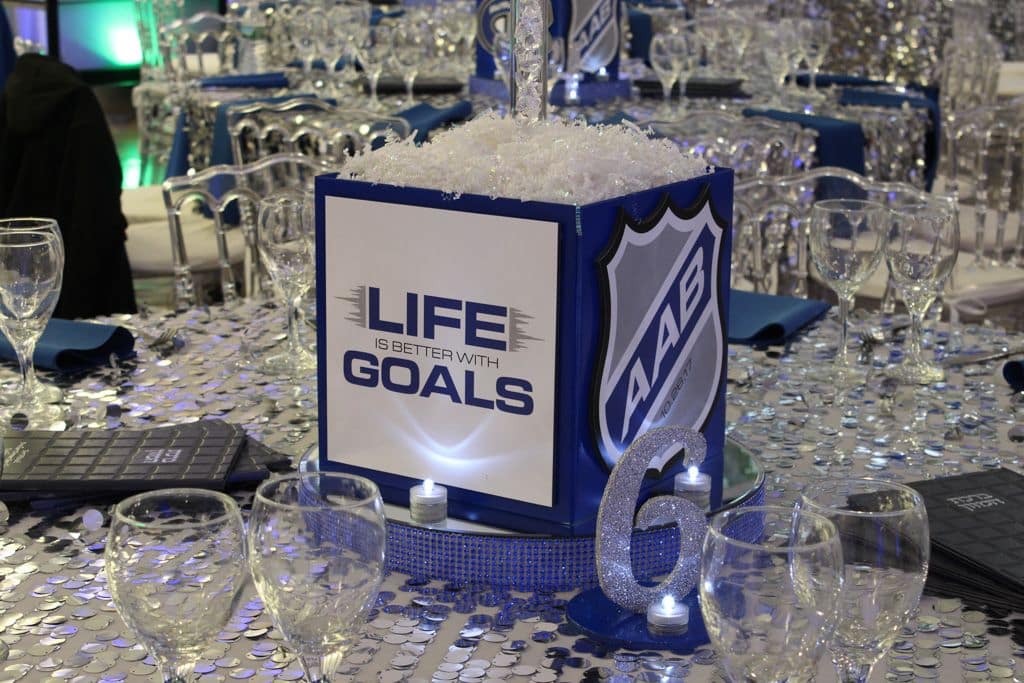 Hockey Themed Cube Centerpiece with Custom Logos
