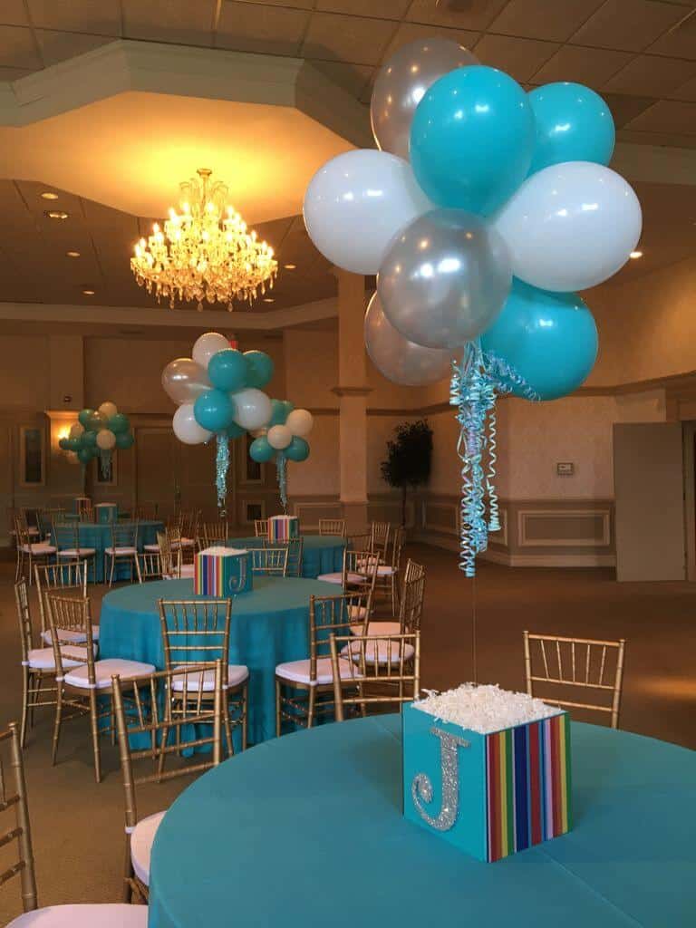 Photo Cube and Topiary Balloon Centerpieces with Glittered Initials