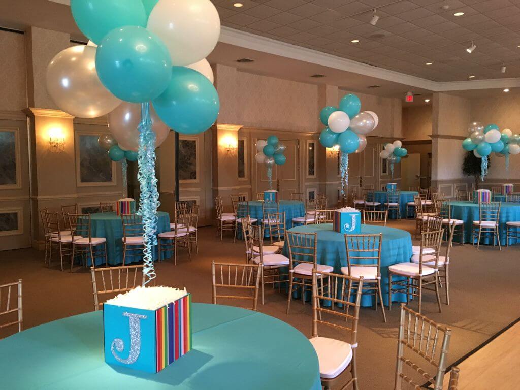 Photo Cube and Topiary Balloon Centerpieces with Glittered Initials