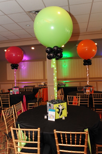 Monopoly Themed Photo Cube Centerpieces with 36" Balloons and LED Lights