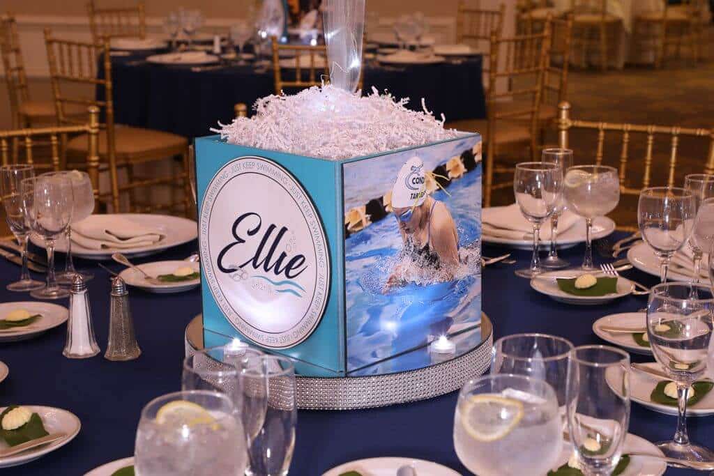 Swim Themed Photo Cube Centerpiece with Custom Logo and LED Bling Base