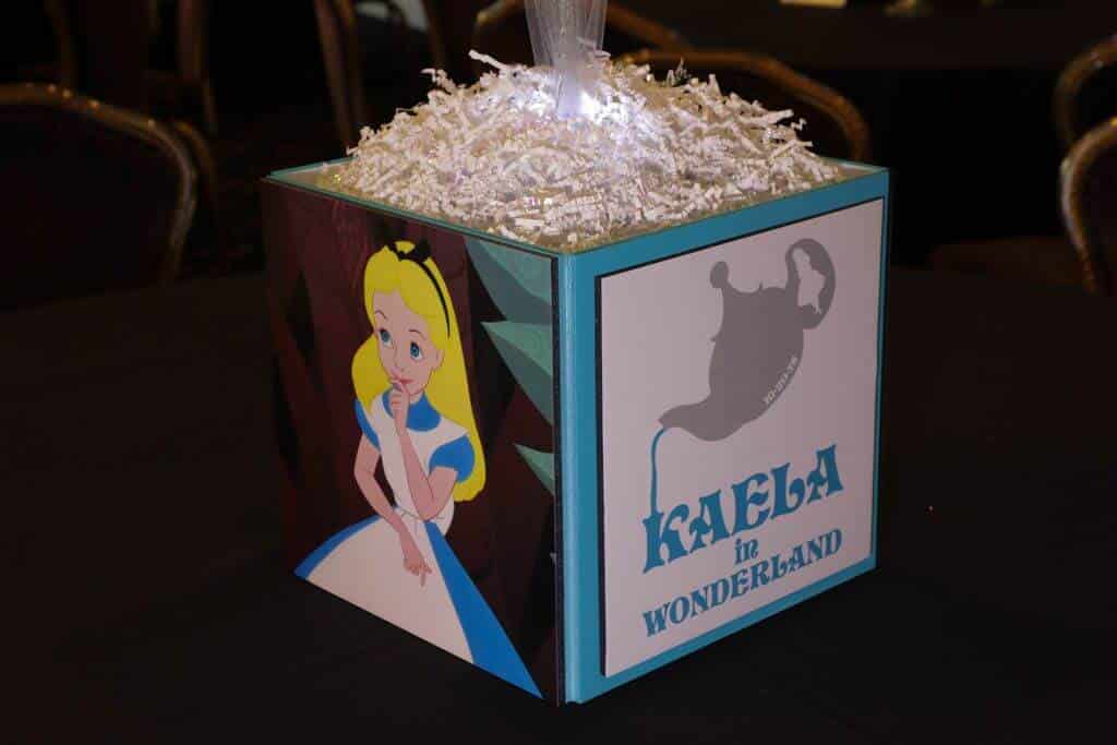 Alice in Wonderland Cube Centerpiece with Custom Logo and Character Photos