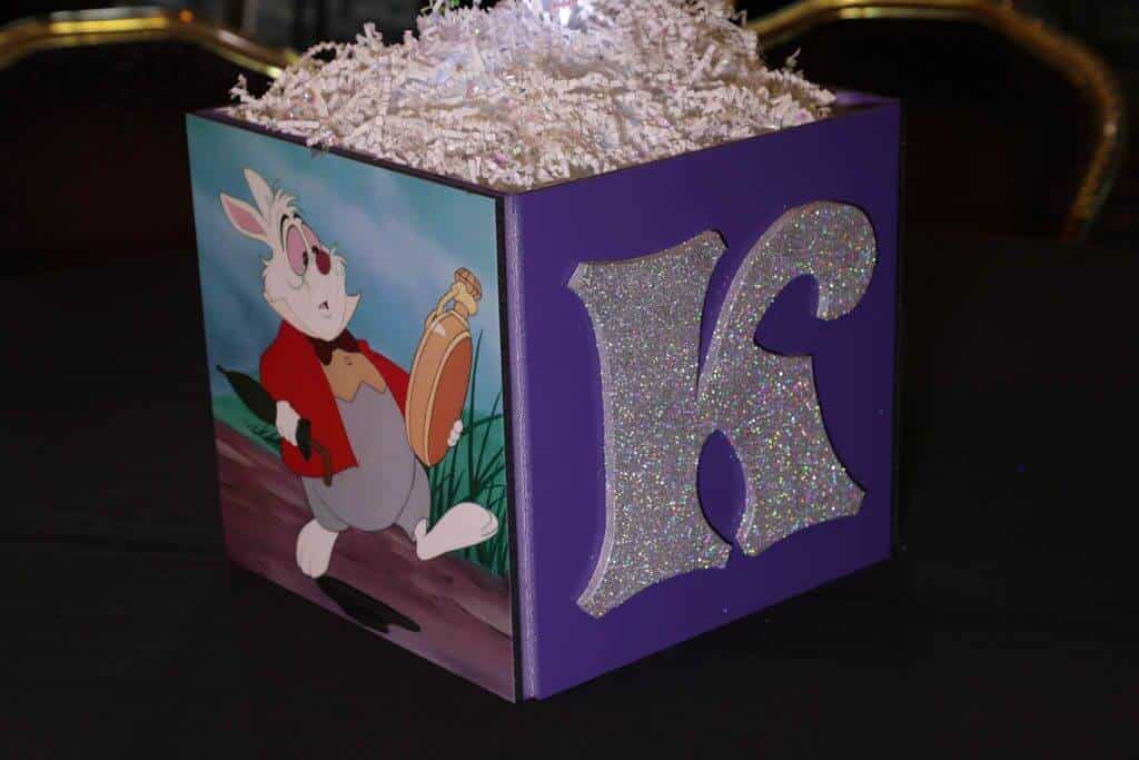 Alice in Wonderland Cube Centerpiece with Glittered Initial and Character Photos