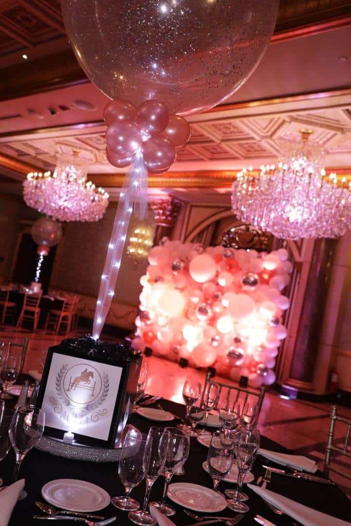 Horse Themed Photo Cube Centerpiece with Silver and Rose Gold Sparkle Balloons at The Venetian, NJ