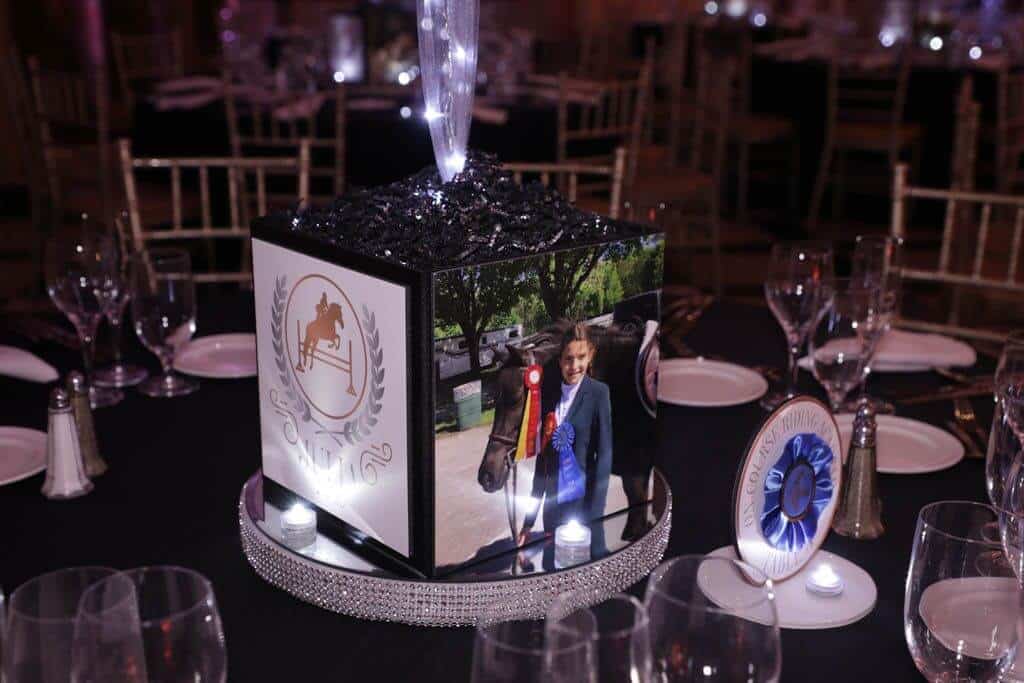 Horse Themed Photo Cube Centerpiece with Custom Logo and Photos on LED Bling Base