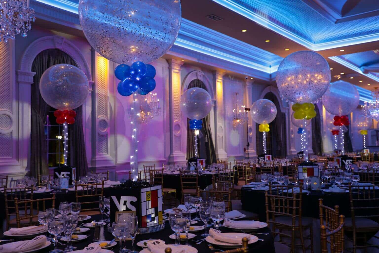 Mondrian Themed Bat Mitzvah with Custom Cube Centerpieces and 3' Balloons and Lights at The Rockleigh, NJ
