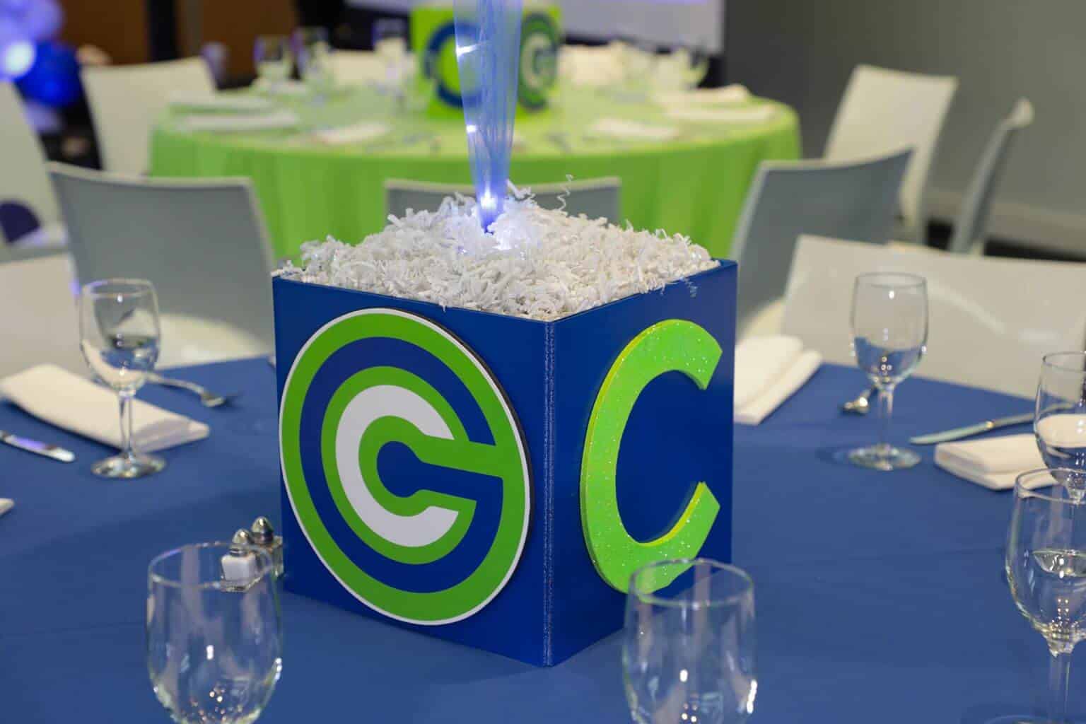 Bar Mitzvah Cube Centerpiece with Cutout Initial and Custom Logo