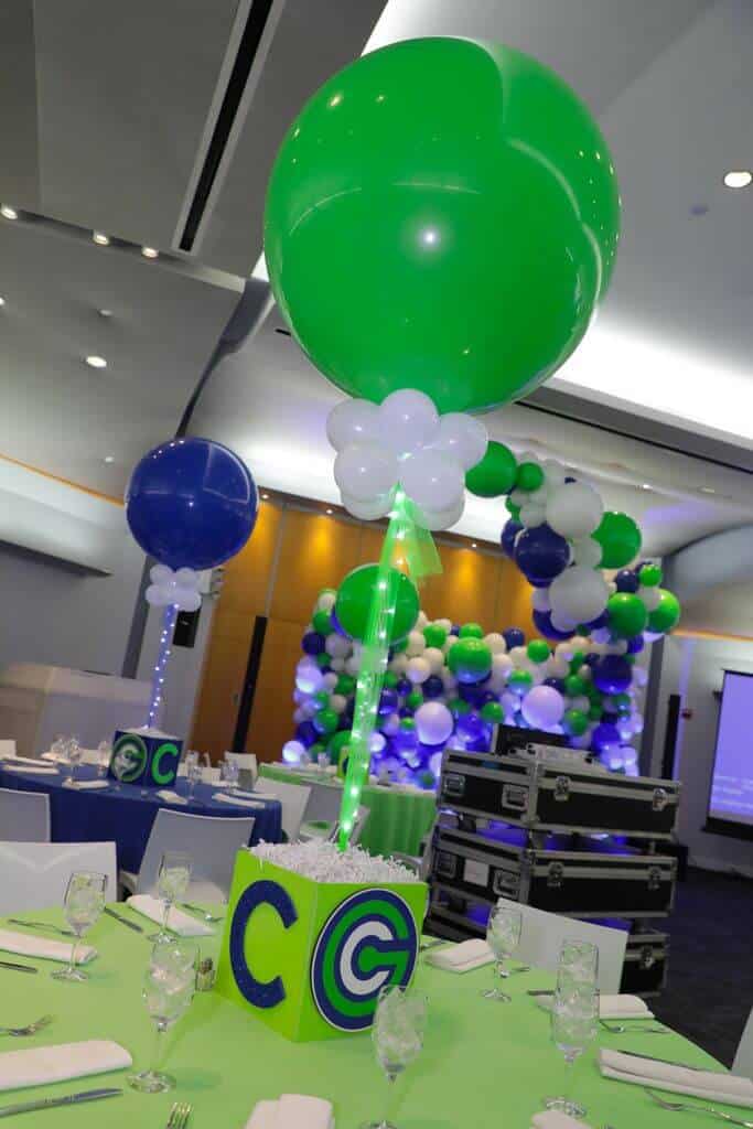 Bar Mitzvah Cube Centerpiece with Cutout Initial, Custom Logo and 3' Balloons with Lights